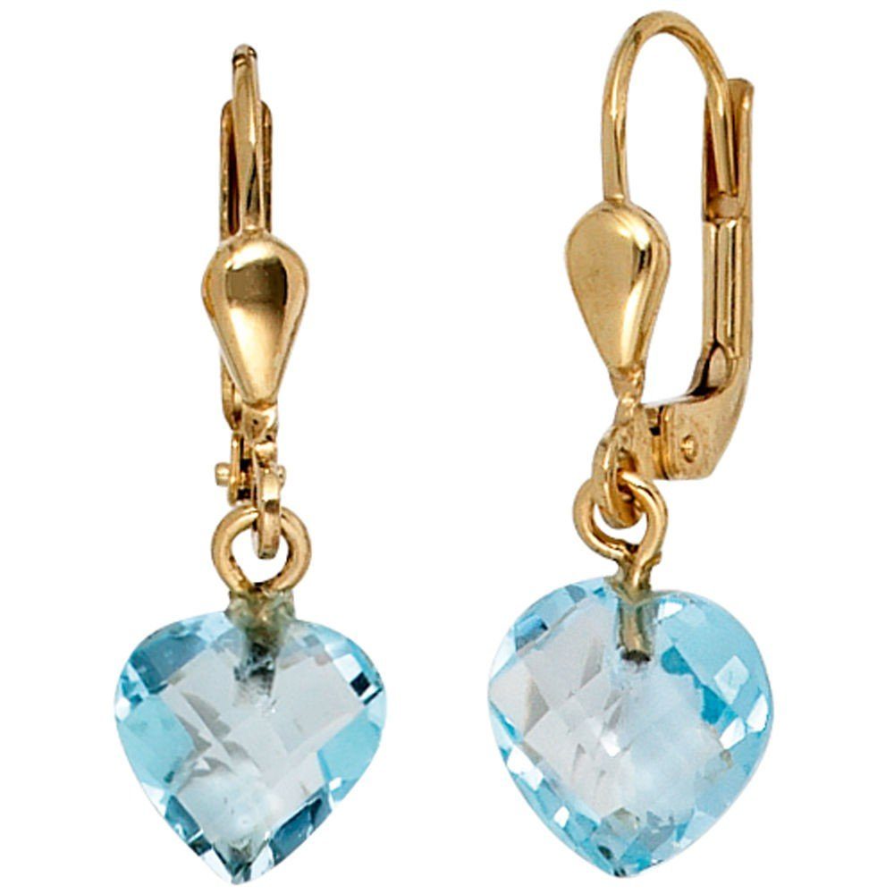 Paar Gelbgold, 585 Ohrringe Schmuck Herzen Blautopas hellblau Gold Krone aus Herz Ohrhänger Gold Ohrhänger 585