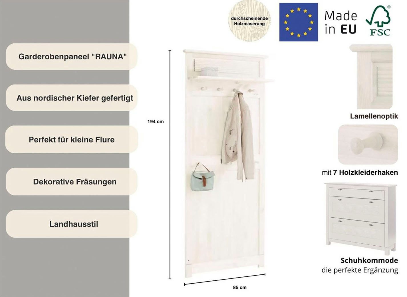 OTTO home Garderobenpaneel Rauna, aus massiver Kiefer, Breite 85 cm, FSC®-zertifiziert