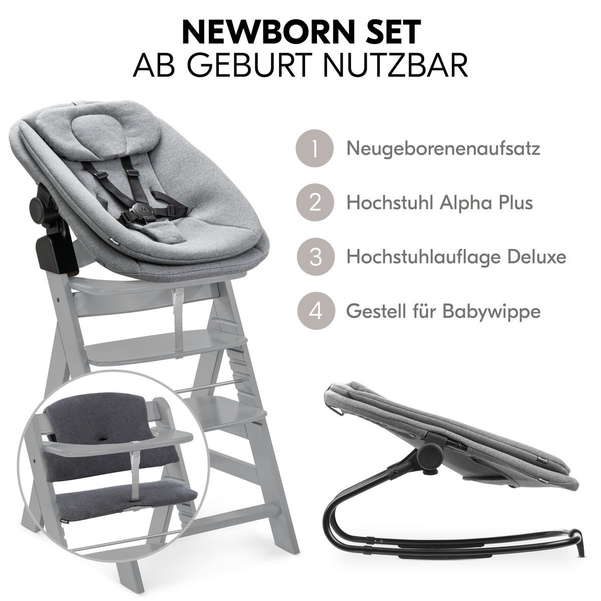 Hauck Hochstuhl Alpha Plus Grey Newborn Set (Set), Holz Babystuhl ab Geburt inkl. Aufsatz für Neugeborene & Sitzauflage