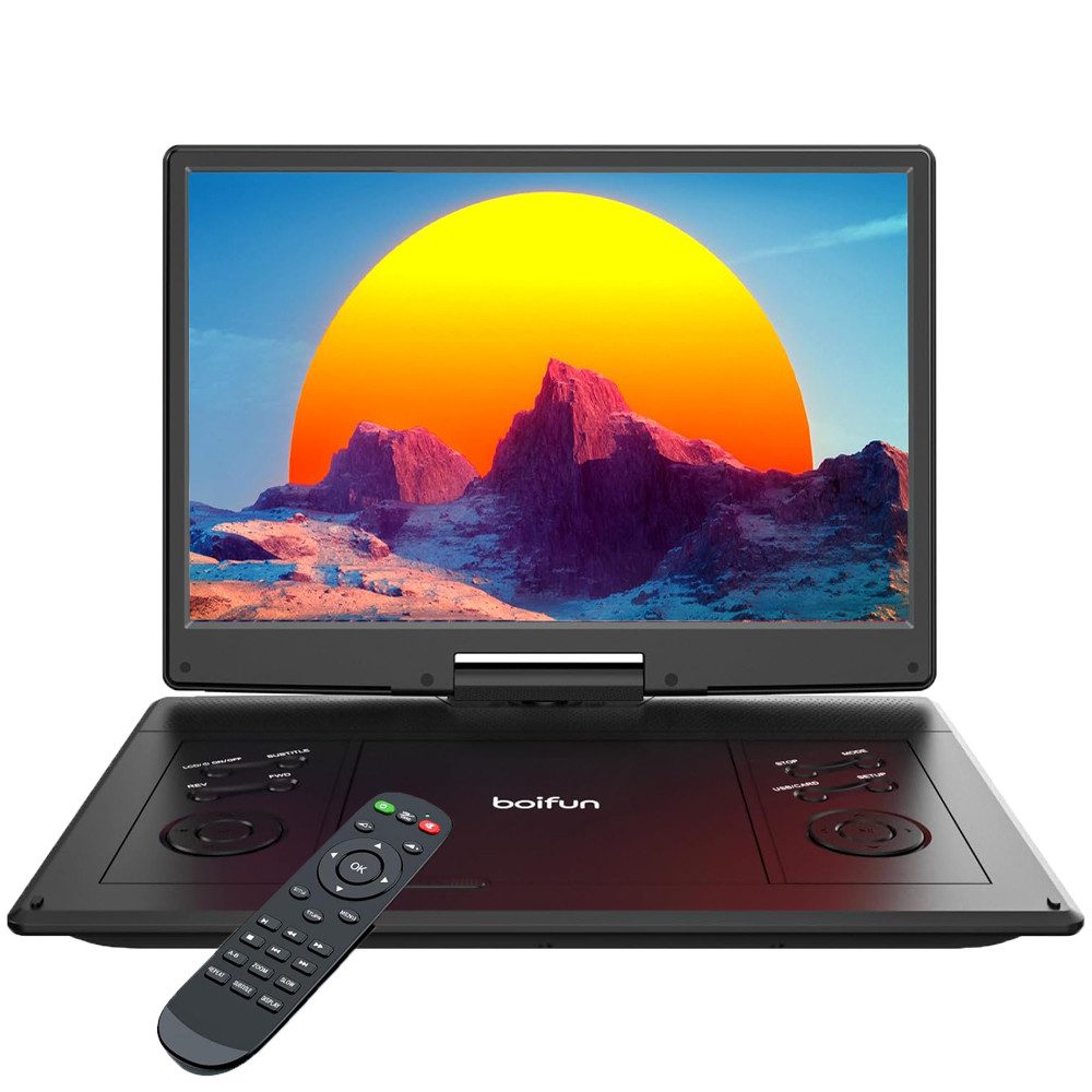 Boifun 15,7’’ Tragbarer DVD Player mit 14,1’’ HD Display, 6 Stunden Batterie Portabler DVD-Player (1366*768 resolution, 32 GB Festplatte, Unterstützt FM-Transmitter, Sync-TV, USB, TF-Karte alle Regionen)