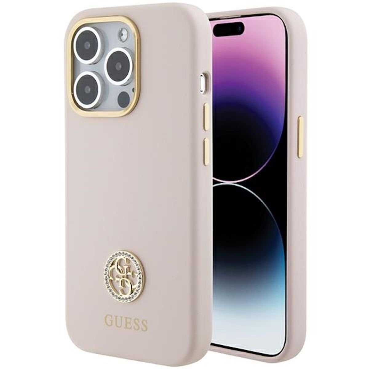 Smartphone-Hülle Guess Apple iPhone 15 Pro Schutzhülle Case Strass Logo 4G Pink
