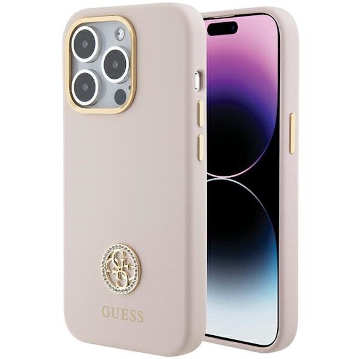 Guess Smartphone-Hülle Guess Apple iPhone 15 Pro Schutzhülle Case Strass Logo 4G Pink