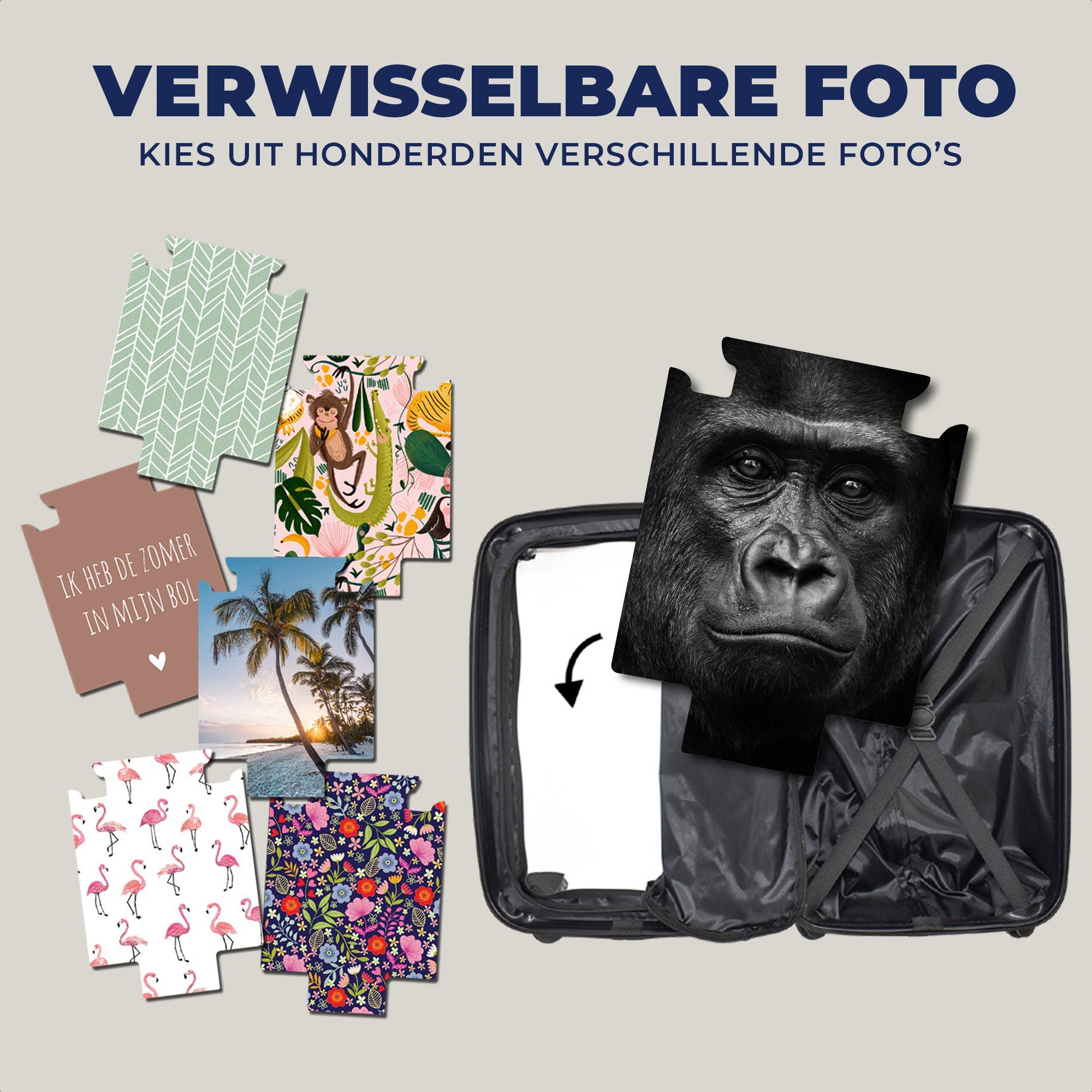 MuchoWow Handgepäckkoffer Gorilla - Schwarz für - - 4 Reisetasche Trolley, Porträt, Tiere Reisekoffer Ferien, Weiß rollen, Rollen, - Handgepäck mit