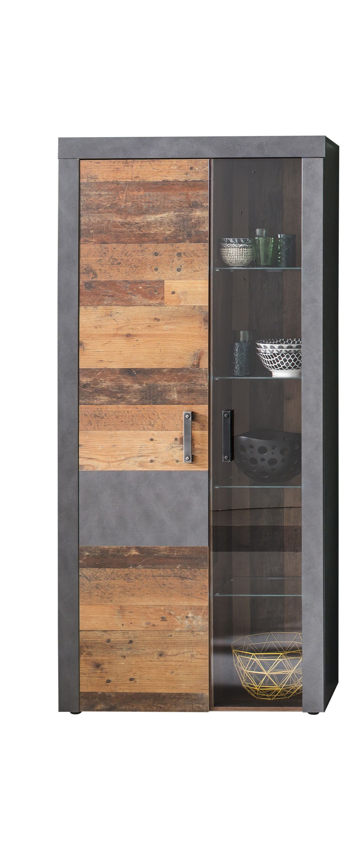 trendteam Standvitrine In Graphit & Old Wood Nachbildung B/H/T: 87 / 189 / 34 cm