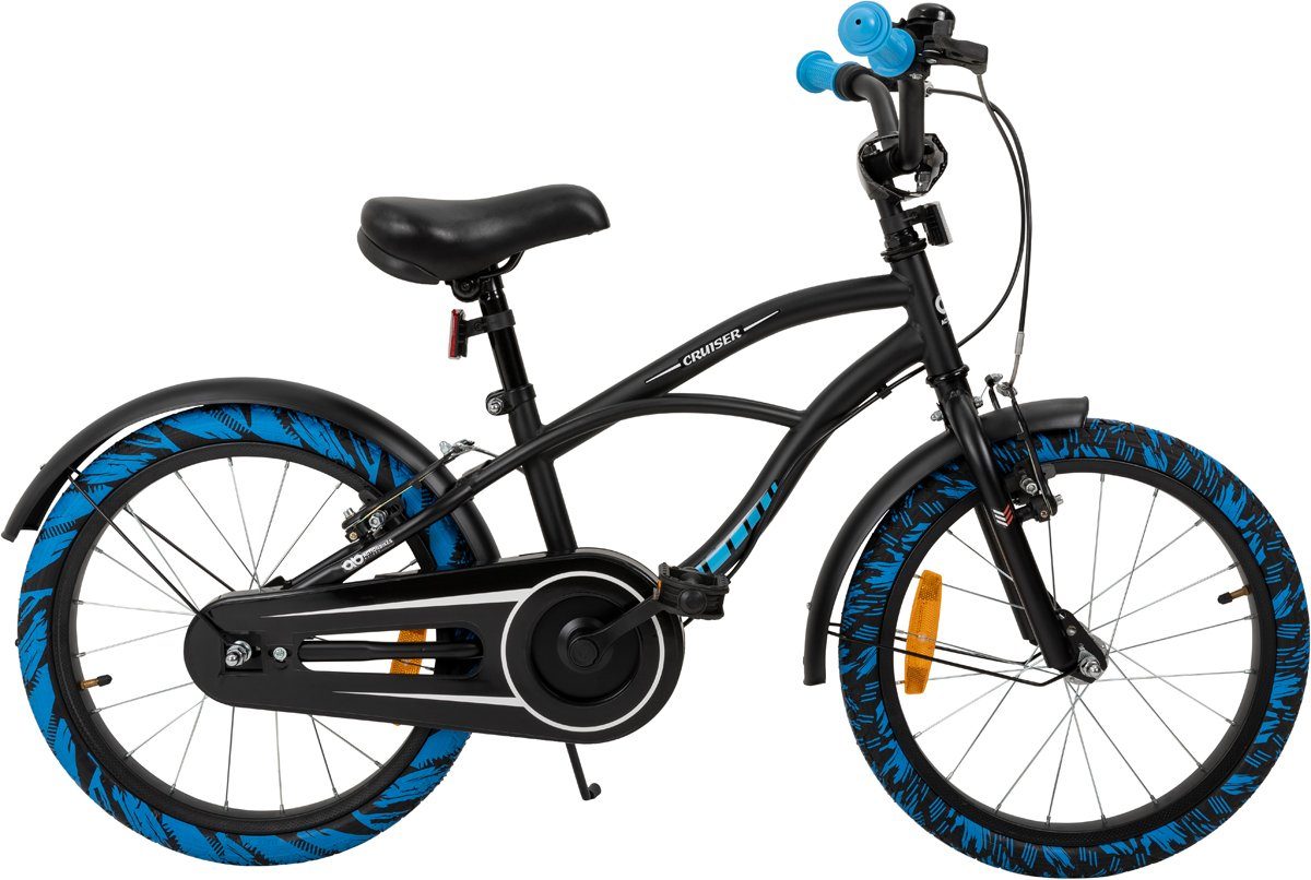 höhenverstellbares kg, Fahrrad Kettenschutz, 1 110 Klingel, 1-tlg., 5 ohne Jungen / (Trapez-Rahmen, Schaltung, Motors Bike Mädchen cm schwarz/blau - Gang, Kinder 18 Zuladung ab ab Fahrradständer), Kinderfahrrad blau, Kinderrad Zoll Actionbikes Jahre, schwarz Katzenaugen, V-Brake-Bremsen, Cruiser max. Reflektoren, 35