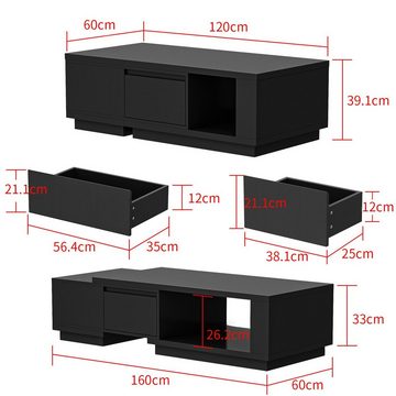 FUFU&GAGA Couchtisch Einstellbar mit 2 Schubladen und Stauraum 120-160cm