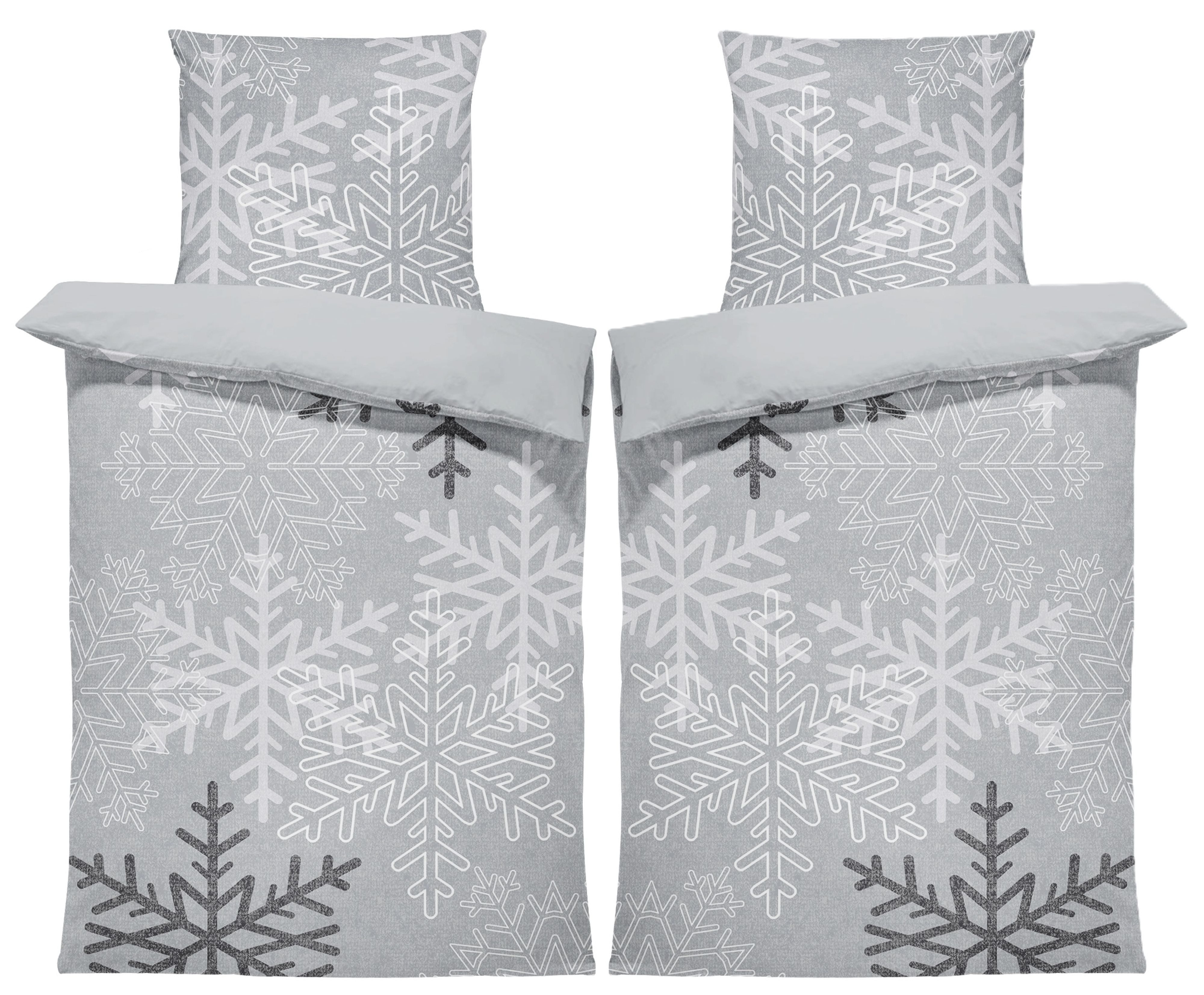 One Home Bettwäsche Winter Biber Baumwolle Cozy, Flanell, 4 teilig, Kristalle Schneeflocken, kuschelig warm weich Baumwolle Biber