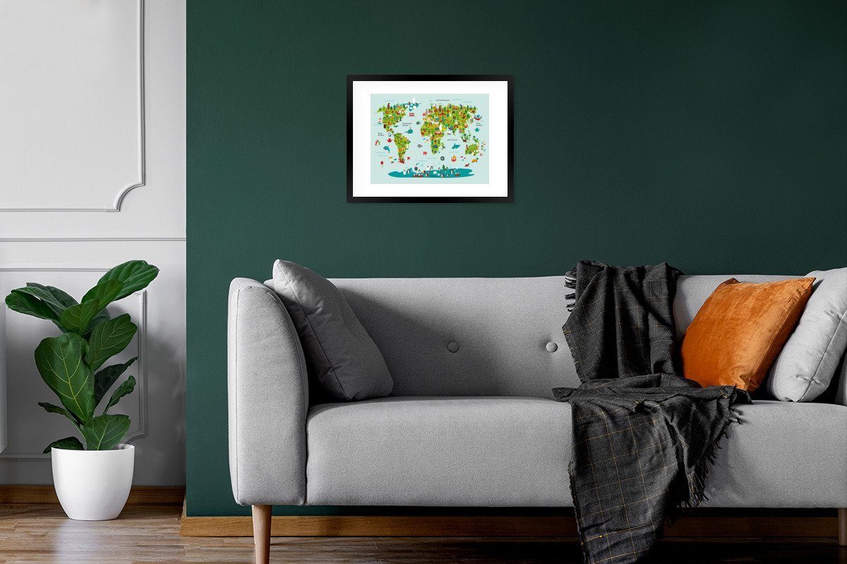 Weltkarte MuchoWow - Rahmen, Kunstdruck, mit Poster (1 Farben Gerahmtes Schwarzem Kinder Bilderrahmen St), Grün, Poster, -