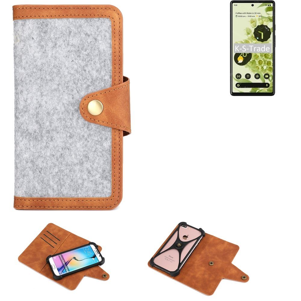 K-S-Trade Handyhülle für Google Pixel 6, Handyhülle Schutzhülle Filz-Hülle Kunst-Leder hellgrau braun