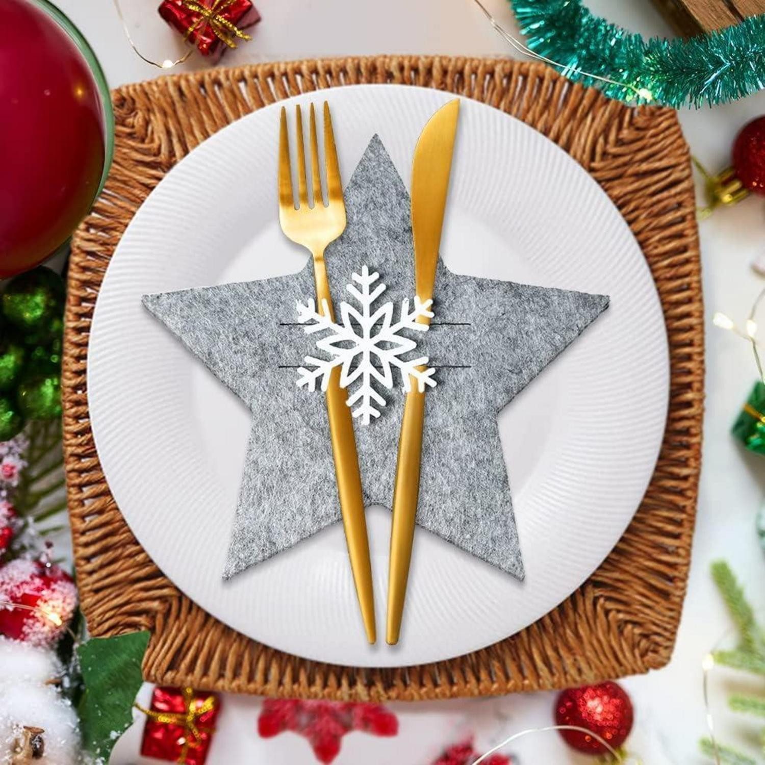 LuxusKollektion Besteckhalter Weihnachten Besteckhalter Filz Stern Grau 12 Stück Tischdeko