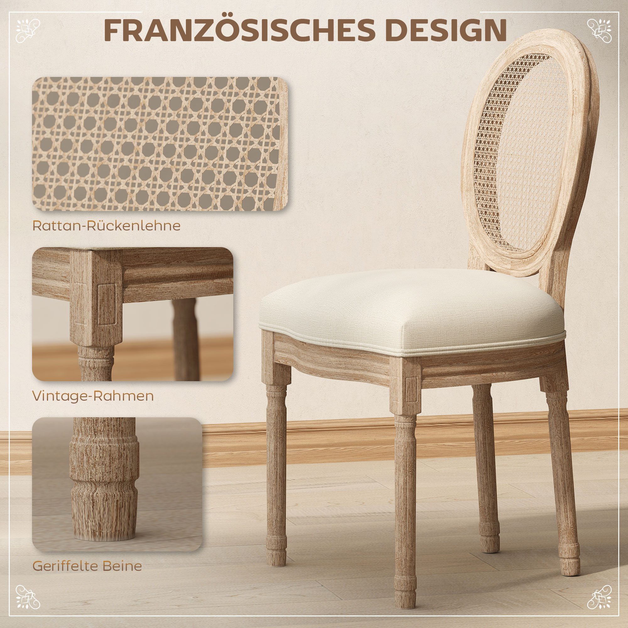 HOMCOM Esszimmerstuhl Küchenstuhl mit Rattan-Rückenlehne, Leinenoptik, Sessel, Stühle (Gepolsterter Polsterstuhl, 2 St), im Französischen Stil, für Wohnzimmer,  – Bild 4 von 5