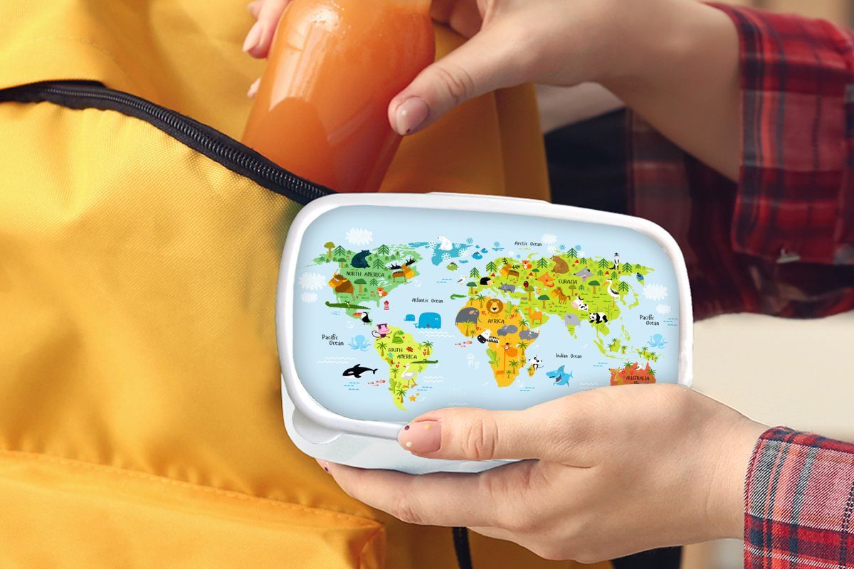 Mädchen, Natur - - Mädchen Weltkarte Brotbox Jungs - Brotdose, weiß für Kinder MuchoWow Kunststoff, Lunchbox für - Erwachsene, Jungen und Kinder und (2-tlg), - Tiere