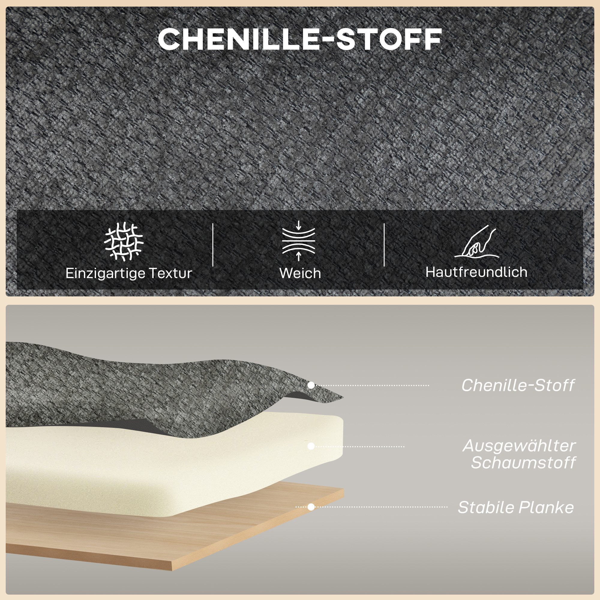 HOMCOM 2-Sitzer Polstersofa mit Chenille-Optik, Dick Gepolstert, Holzbeine, 117 cm Dick Gepolstert Doppelsofa 1 Teile, für Wohnzimmer, Schlafzimmer, Grau – Bild 4 von 5