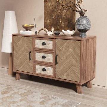 WISHDOR Sideboard Kommode (3 Schubladen, 2 Türen), mit Fischgrätenmuster, Beine aus Massivholz, 120*40*80cm