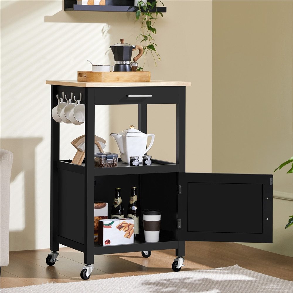 Yaheetech Küchenwagen Servierwagen auf Rollen, Beistellwagen mit Schrank & Schublade & 6 Haken, 55 × 45× 89 cm