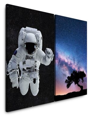 Sinus Art Leinwandbild 2 Bilder je 60x90cm einsamer Baum Astronaut Sternenhimmel Sommernacht Milchstraße Astrofotografie Za
