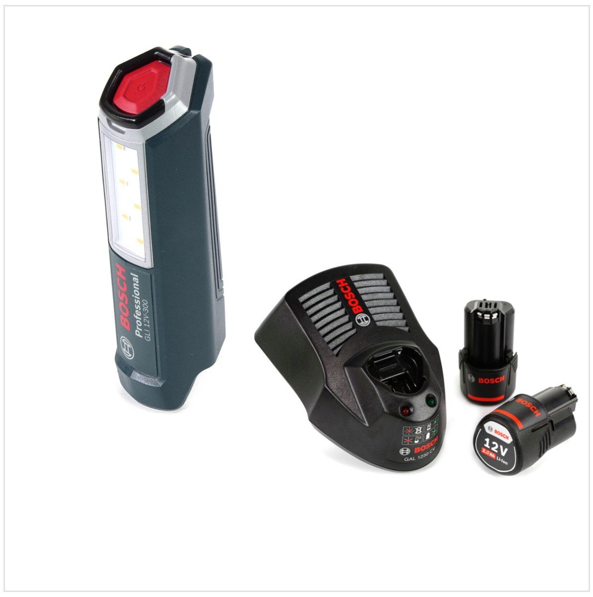 Bosch Professional Baustrahler Professional GLI 12V-300 Akku Lampe + 2x GBA 12V 2,0 Ah Akku + GAL 12