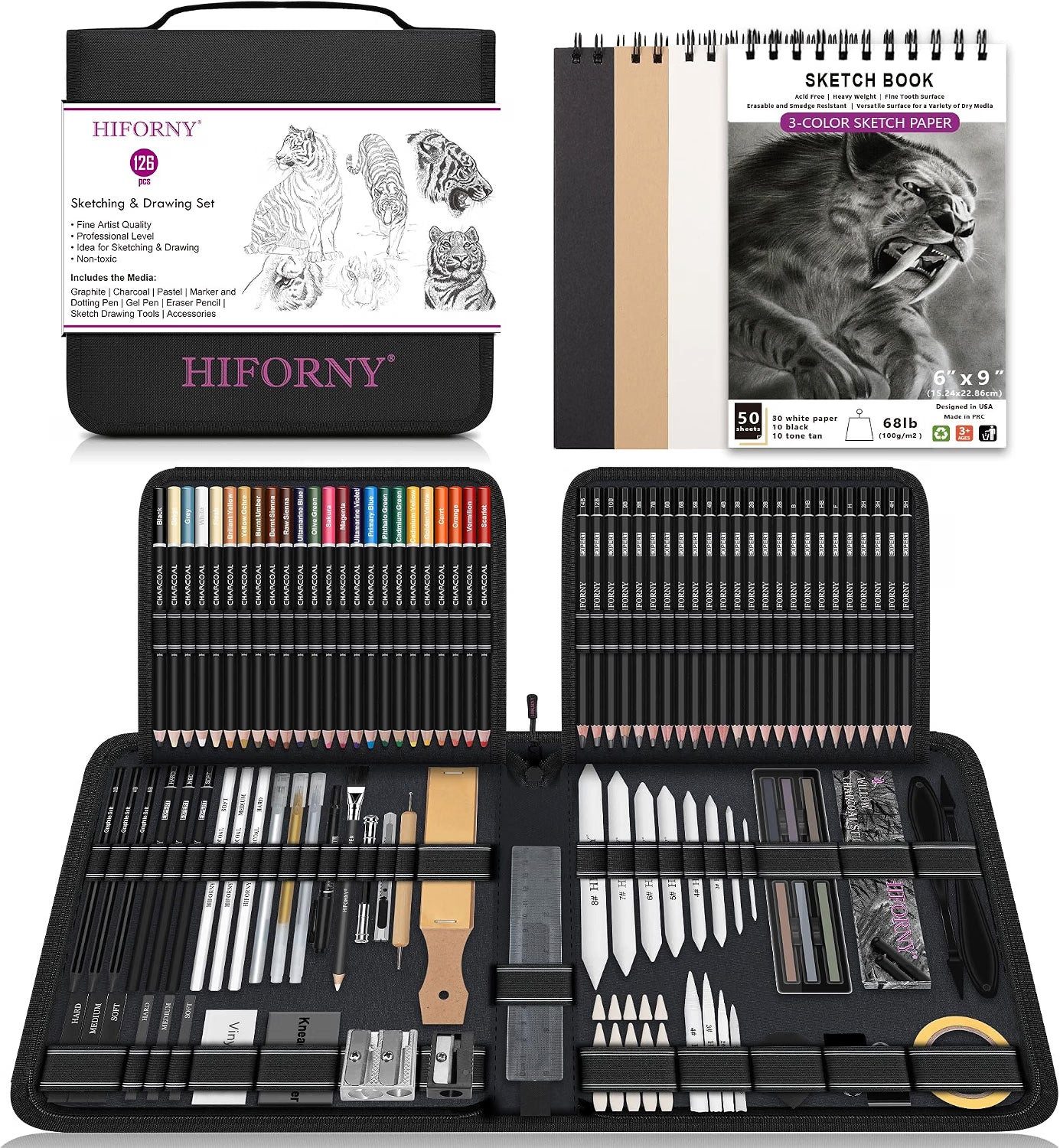 HIFORNY Künstlerstift 126-teiliges Zeichenset für Künstler mit Skizzenbuch und Canvas-Etui, (Zeichenset, 126-tlg., mit Canvas-Etui), 24 Graphitstifte 14B–5H, 24 farbige Kohlestifte, 3 Gelstifte im Etui