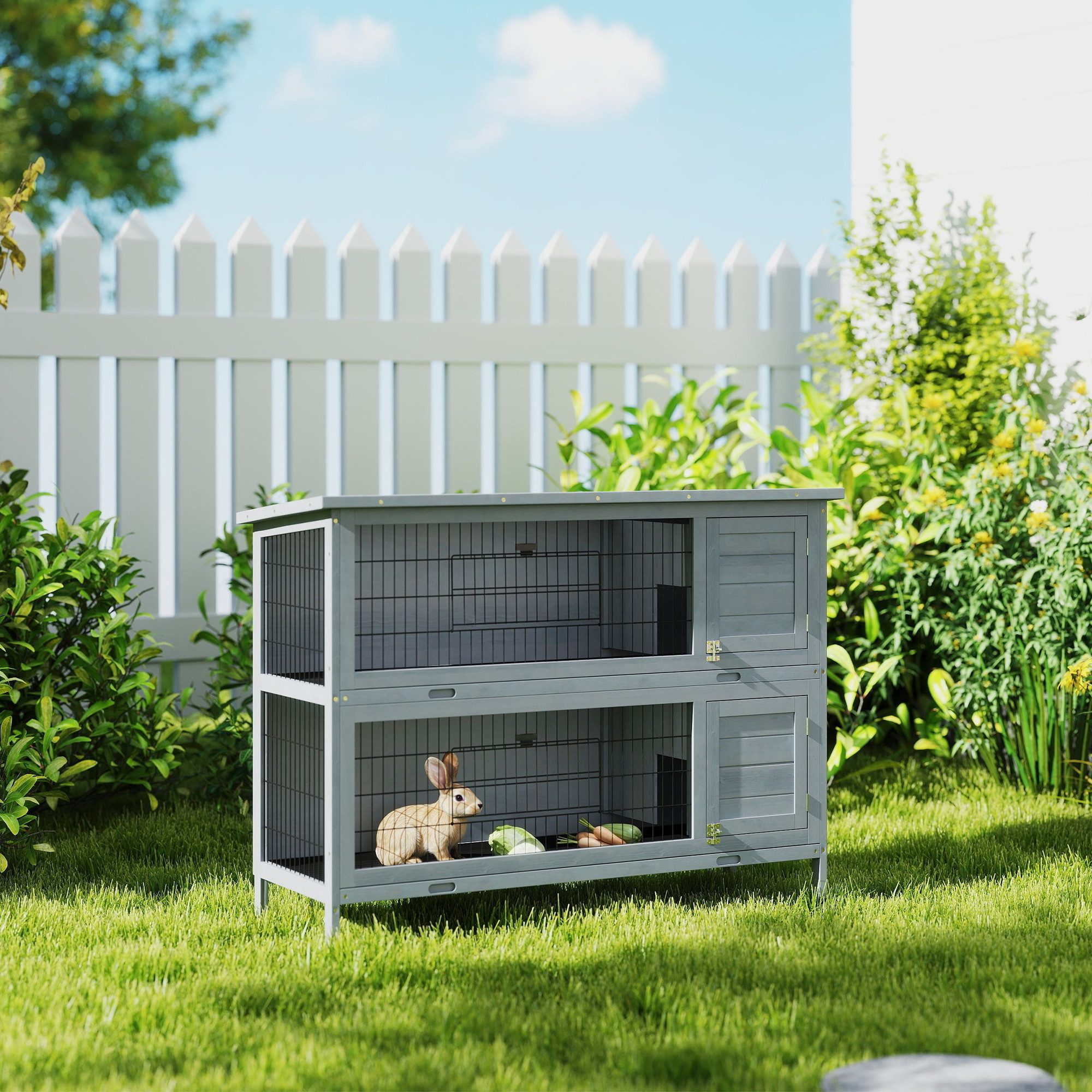 PawHut Kleintierstall Hasenstall Kaninchenstall aus Holz mit 2 Etagen Asphaltdach, für Kleintiere Kaninchen Indoor Outdoor 136,4 x 50 x 93 cm Grau