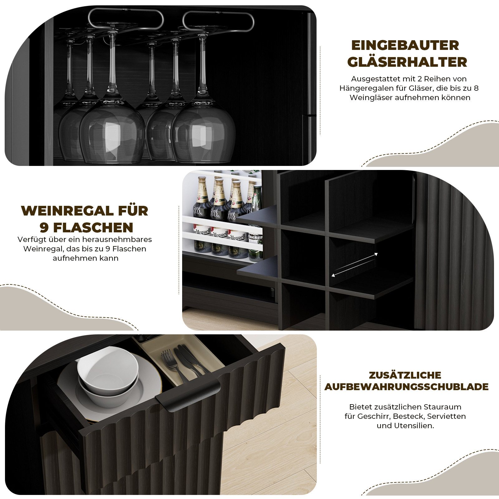 BROTTAR Weinschrank Barschrank mit Kühlschrank inklusive - Weinbar mit Gläserhalter Weinregal Schublade und Stauraum im Riffeldesign