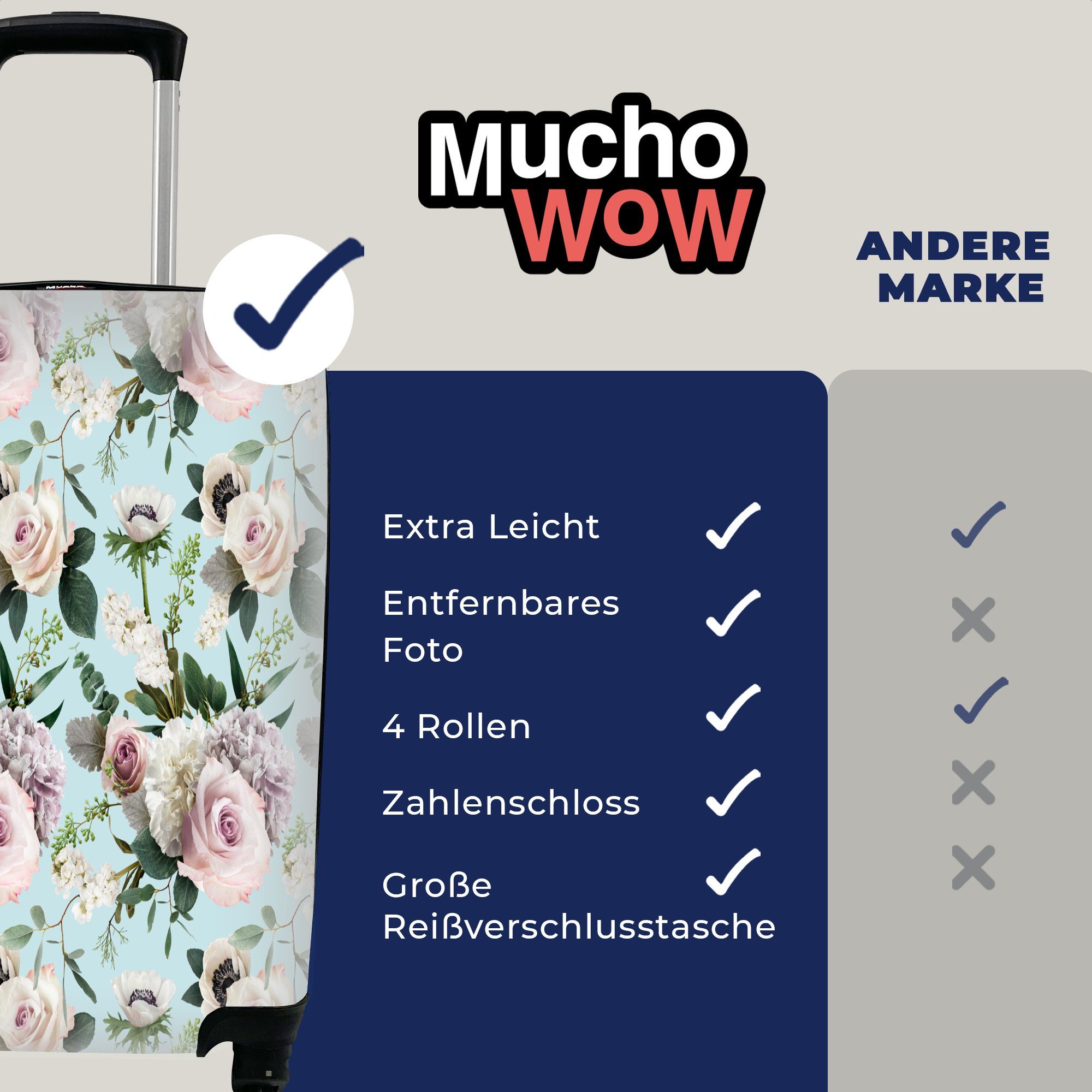 Rollen, MuchoWow - 4 Blumen Ferien, mit Handgepäckkoffer für Reisekoffer Trolley, Handgepäck Rosen rollen, Reisetasche - Pastell,