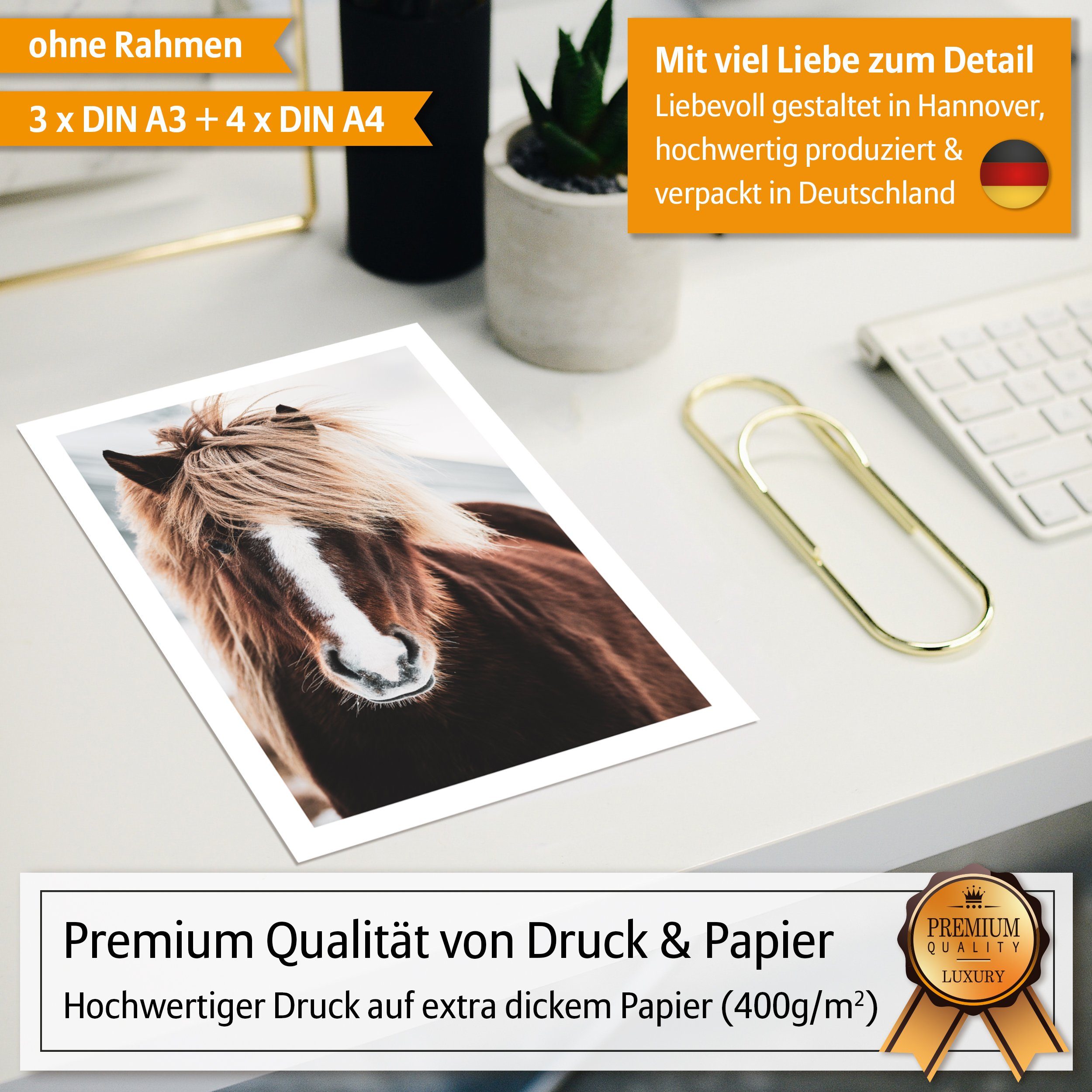 Hyggelig Home Poster Islandpferde, Premium Poster Set OHNE & MIT Rahmen - Wandbilder Horses, Tier (Set, 7 St), Collage Pferde Qualitätsdruck auf dickem Papier