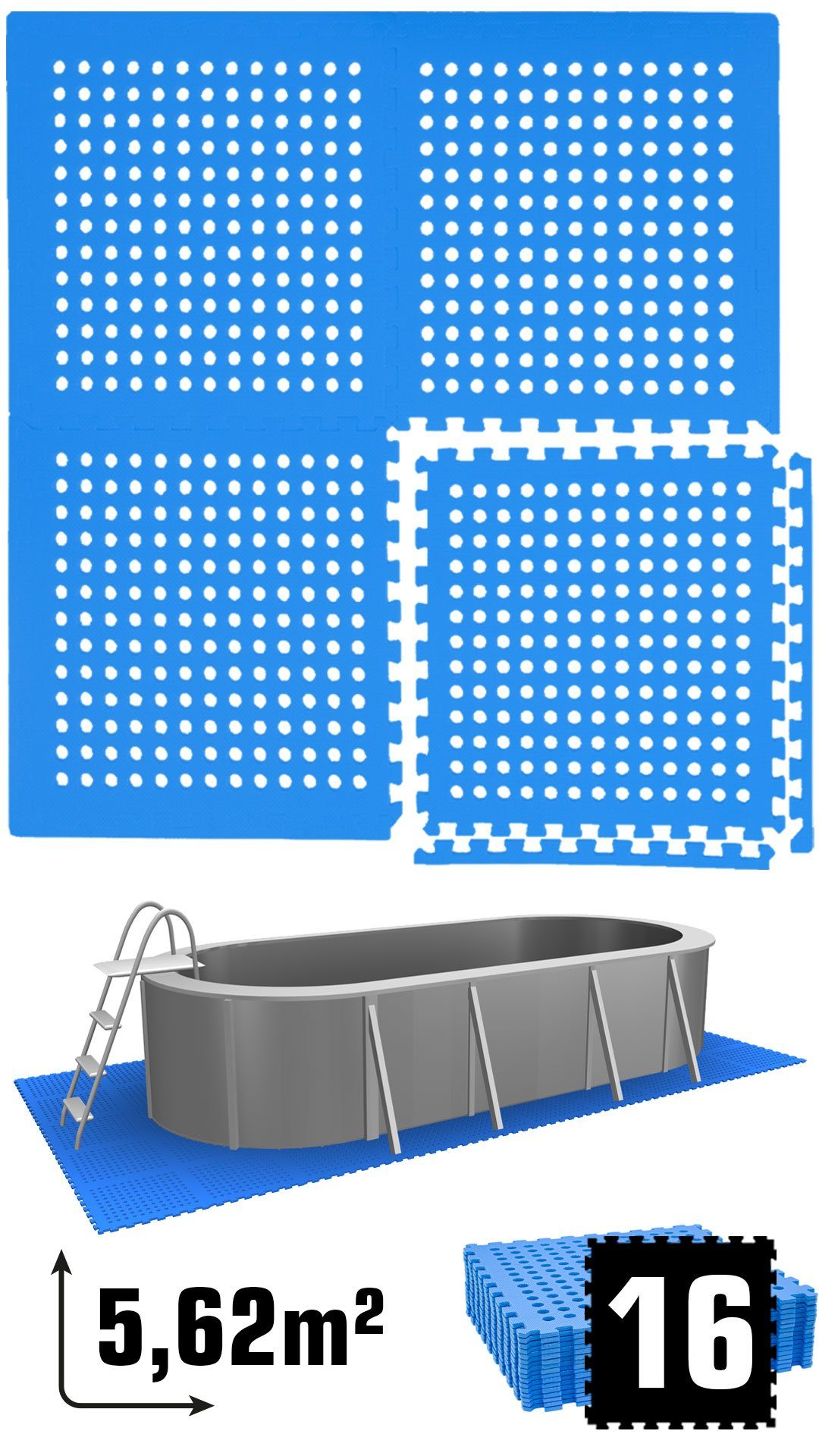 eyepower Pool-Bodenschutzfliese 5,6 m² Poolmatte aus 16 großen EVA Matten - Rutschfeste Poolunterlage, 1 cm dicke Bodenfliesen - 62 x 62 Unterlegmatten - Whirlpool Unterlage