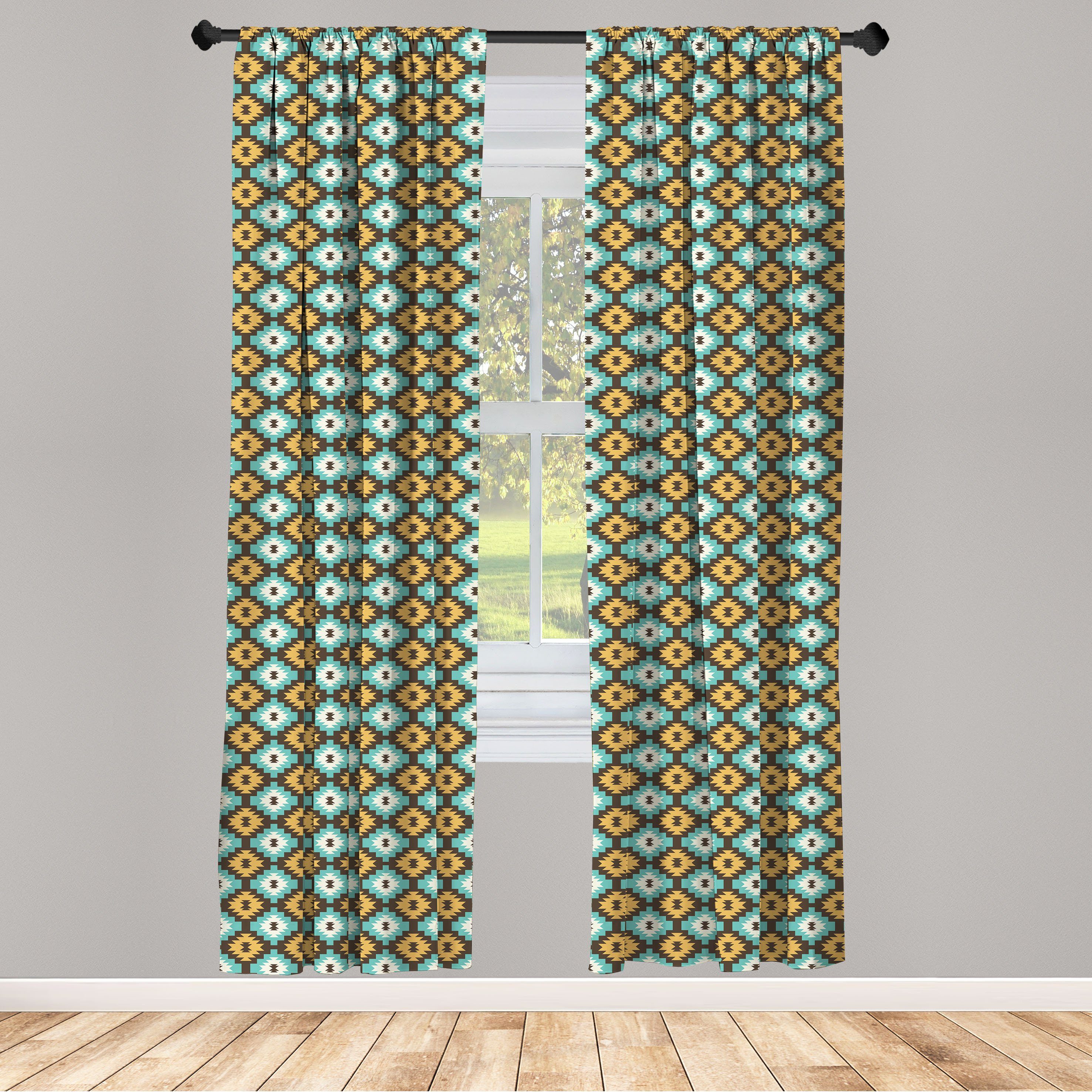 Gardine Vorhang für Wohnzimmer Schlafzimmer Dekor, Abakuhaus, Microfaser, Gelb und Braun Aztec Inspired