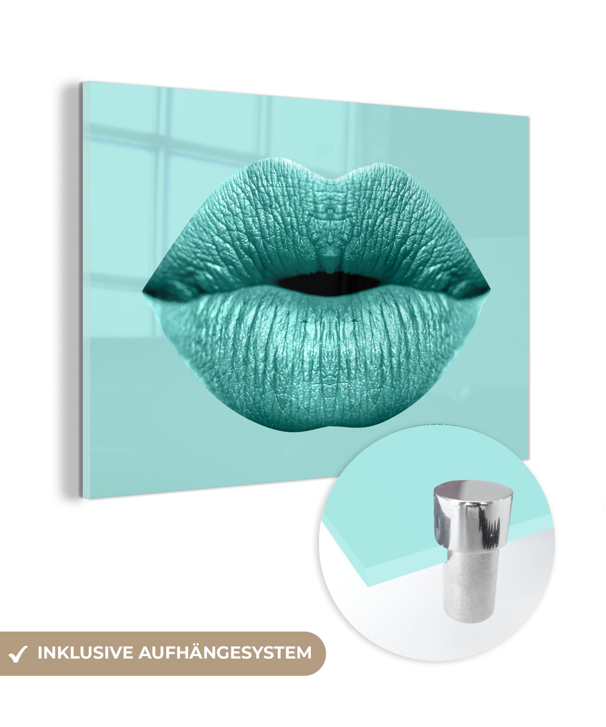 MuchoWow Acrylglasbild Lippen - Pastell - Blau, (1 St), Glasbilder - Bilder auf Glas Wandbild - Foto auf Glas - Wanddekoration