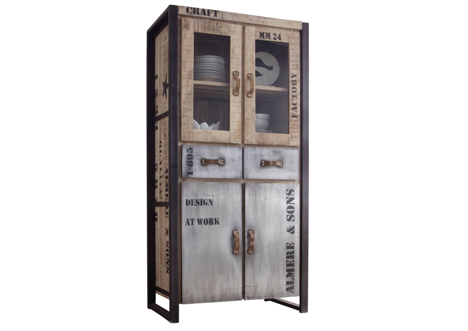 Massivmoebel24 Standvitrine FACTORY (Vitrine Mango 90x50x180 natur bedruckt FACTORY #136) Vitrine Mango 90x50x180 natur bedruckt FACTORY #136