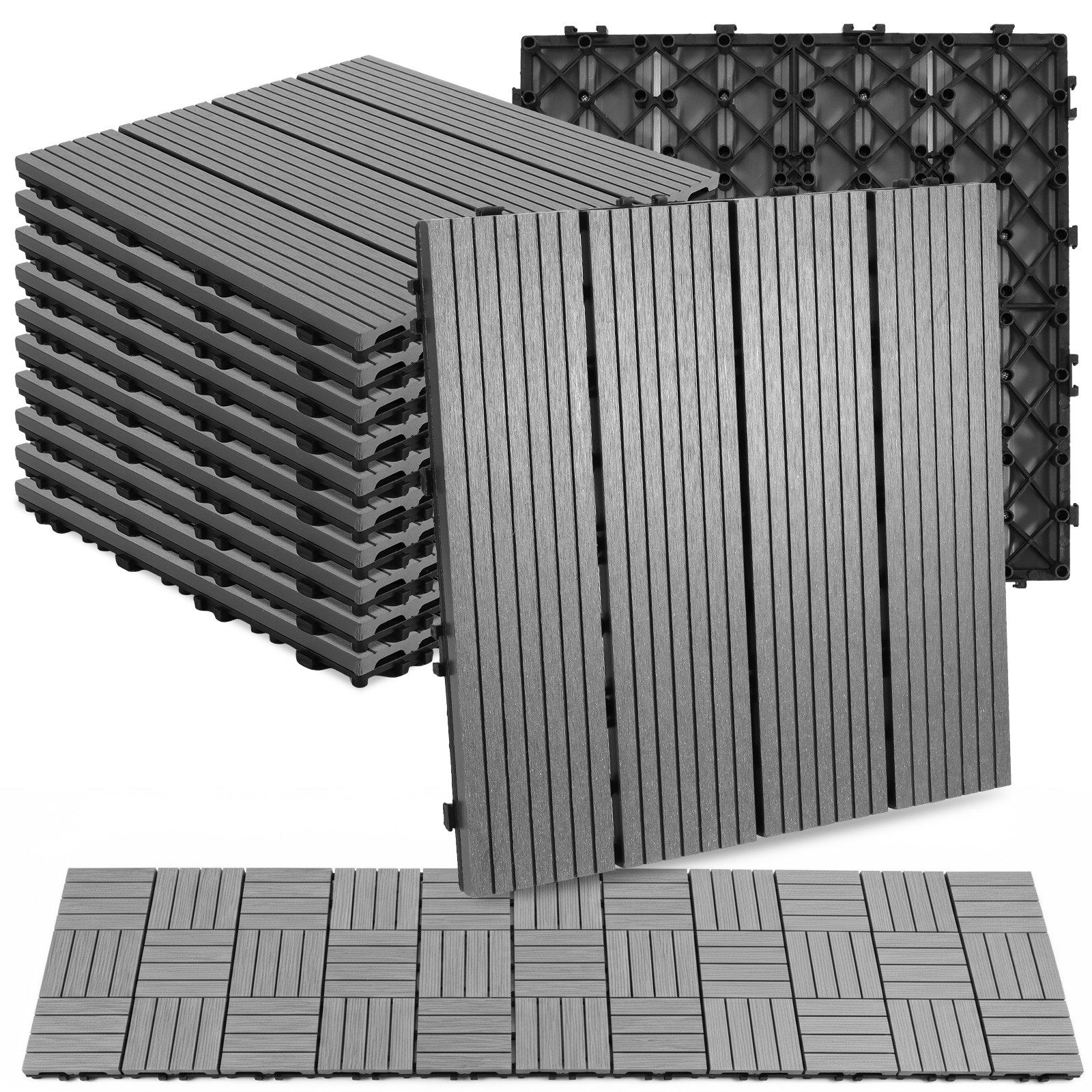 BlingBin Terrassendielen WPC Terrassenfliese, Balkonfliesen 30x30cm, Klickfliesen, 1 m², BxL: je 30x30 cm, (11er Set, 11-St., Produktabmessungen: ‎11er Pack, 30 x 30 cm pro Stück), Fliesen in Holzoptik für Balkon, Garten, Terrasse, Grau