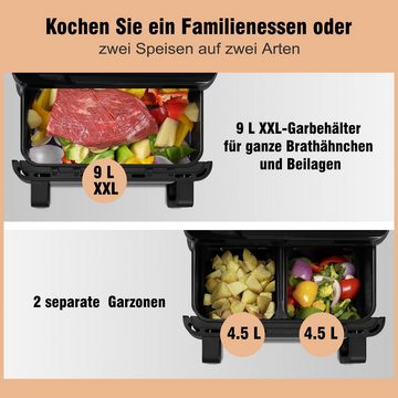 LLIVEKIT Heißluftfritteuse, 2500,00 W, Air Fryer Dual Zone 2x 4,5 L, mit Trennwand, 2500 W