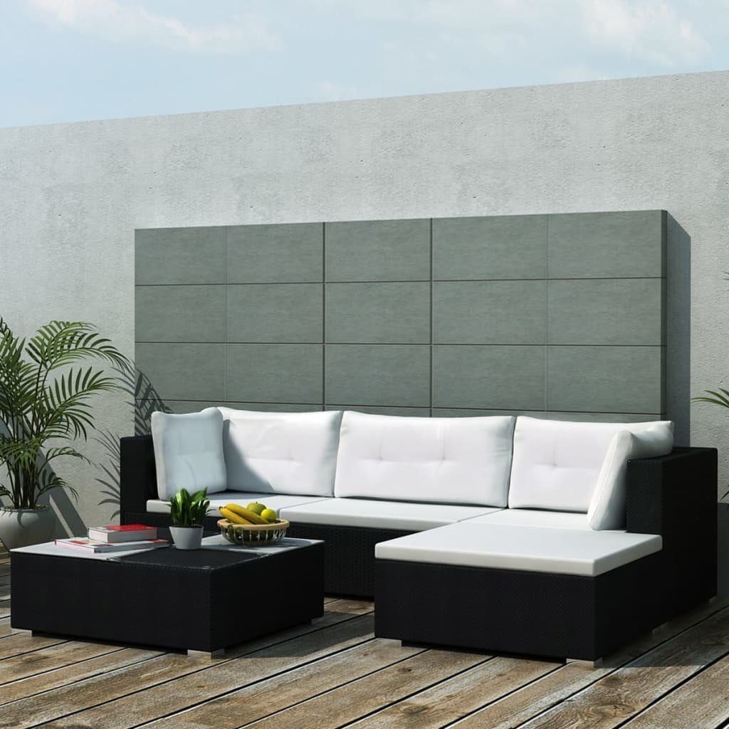 Poly Garten-Lounge-Set Rattan vidaXL Auflagen (5-tlg) mit Gartenlounge-Set Schwarz, 5-tlg.