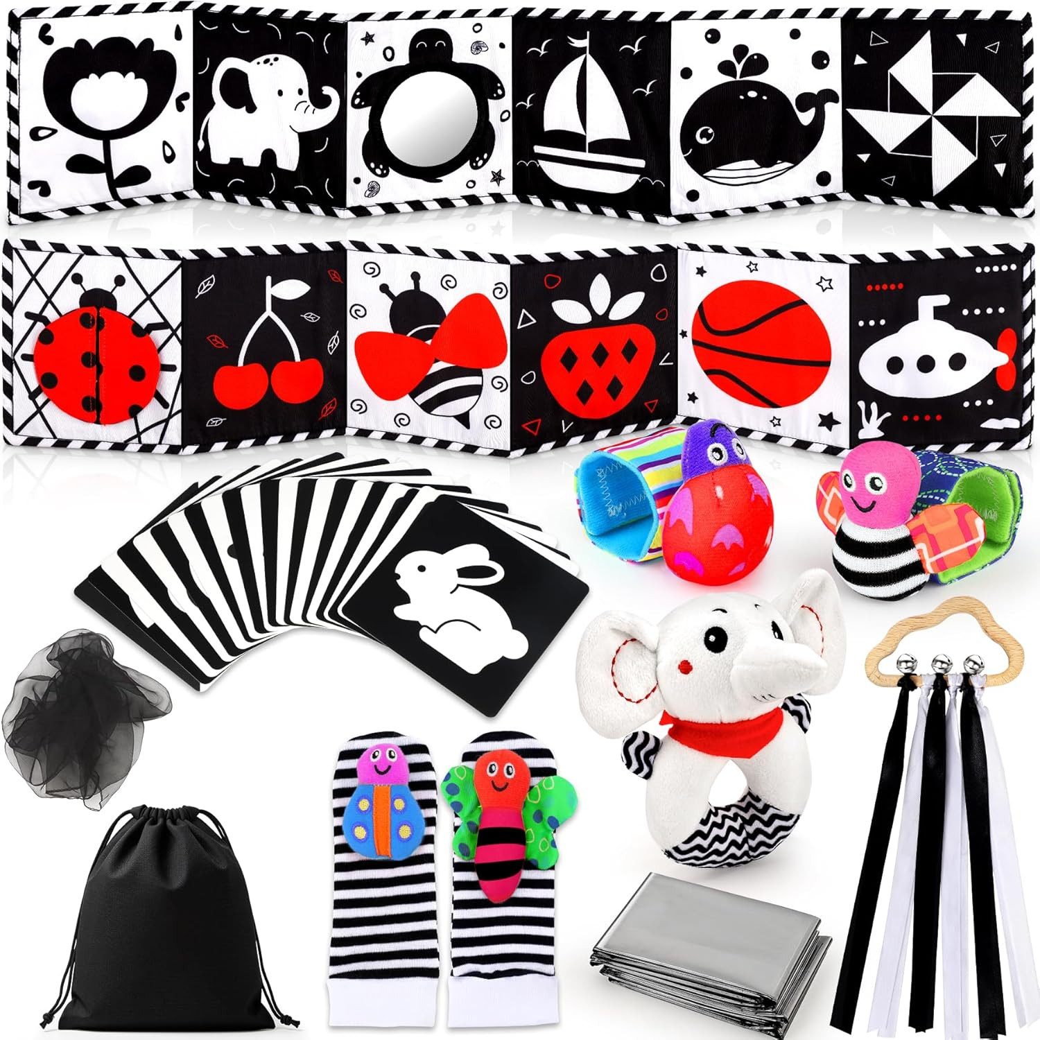 Ophy Lernspielzeug Montessori Baby Spielset 29-teilig (0–12 Monate)–Schwarz-Weiß&Rot (Kontrastkarten, Greifring & Beißring), inkl. Aufbewahrungstasche – Ideal als Geschenk zur Baby-Party