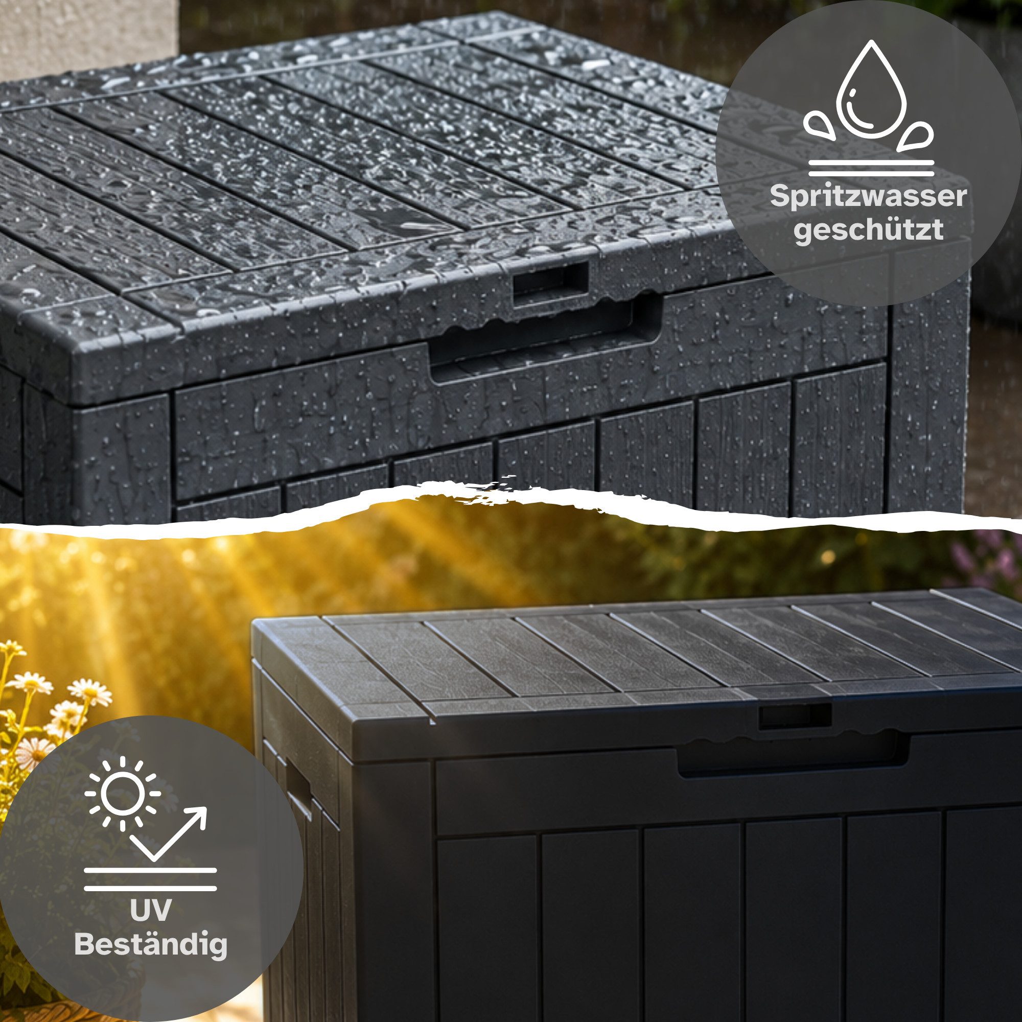 ONDIS24 Gartenbox City Cube Holzoptik Kissenbox Poolbox Sitztruhe 110L, UV,- und witterungsbeständig, abschließbar – Bild 5 von 5