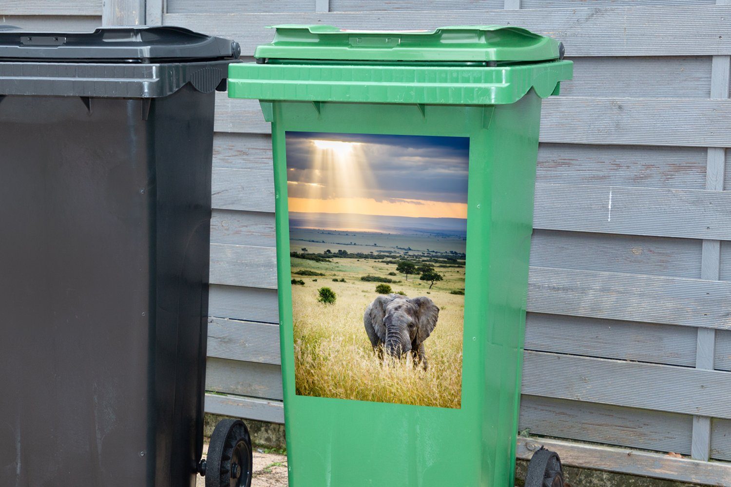 Natur Sonne - - Abfalbehälter Mülleimer-aufkleber, Wandsticker Mülltonne, MuchoWow Tiere - St), (1 Container, - Landschaft Sticker, Elefant
