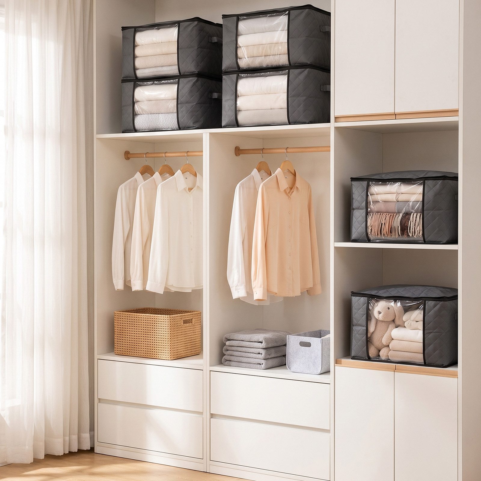 Sekey Aufbewahrungstasche Faltbar Aufbewahrungsbox mit Deckel Aufbewahrungstasche für bettdecken (6-tlg), Kleiderschrank Organizer mit Reißverschluss Griffe Kleidung Bettwäsche
