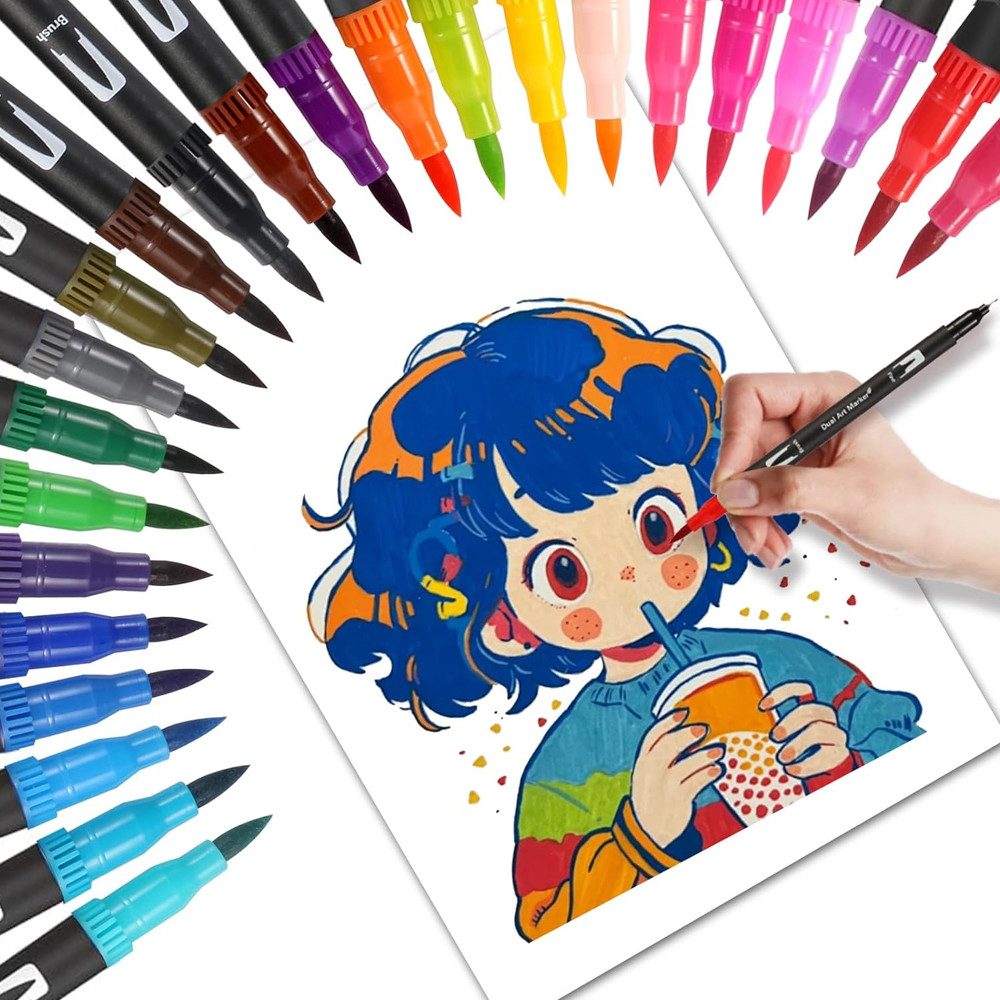 TUWENA Malstift Filzstifte Dual Pinselmarker, Acrylstifte 24 Farben Pinsel Feinespitze, (24-tlg), Doppelten Enden für Painting, Glas, Papier, Holz, Keramik, DIY – Bild 4 von 5