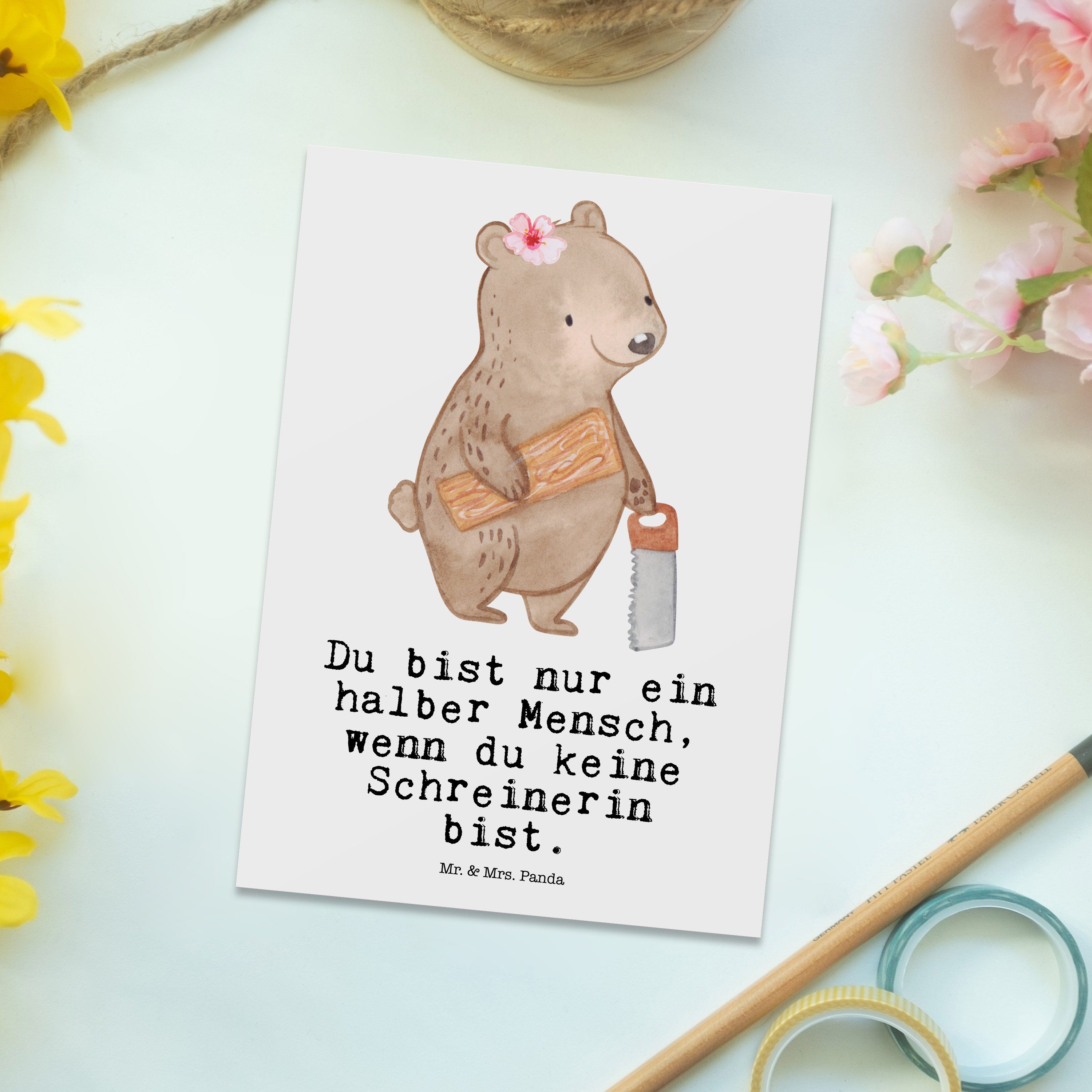 Postkarte Mrs. Weiß mit Firma, Ei Panda Grußkarte, & Herz - Schreinerin Mr. - Geschenk, Kollege,