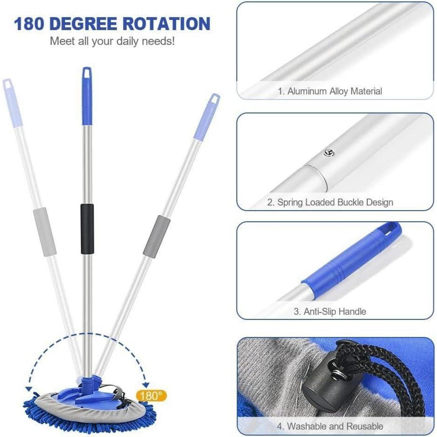 LuxusKollektion Autowaschbürste Autowaschbürste Teleskop 160cm 3in1 2 Moppköpfe Mikrofaser Dunkelblau