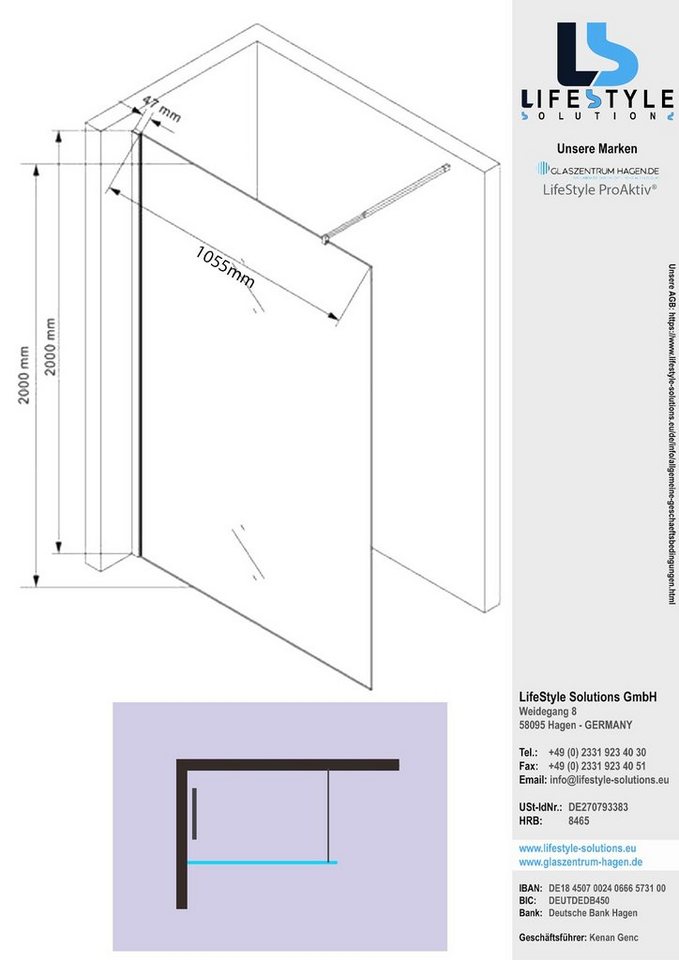 Thumbnail - Glaszentrum Hagen Walk-in-Dusche Glaszentrum Hagen 110x200cm "LoLa-BK" Walk in Duschwand - Dusche -