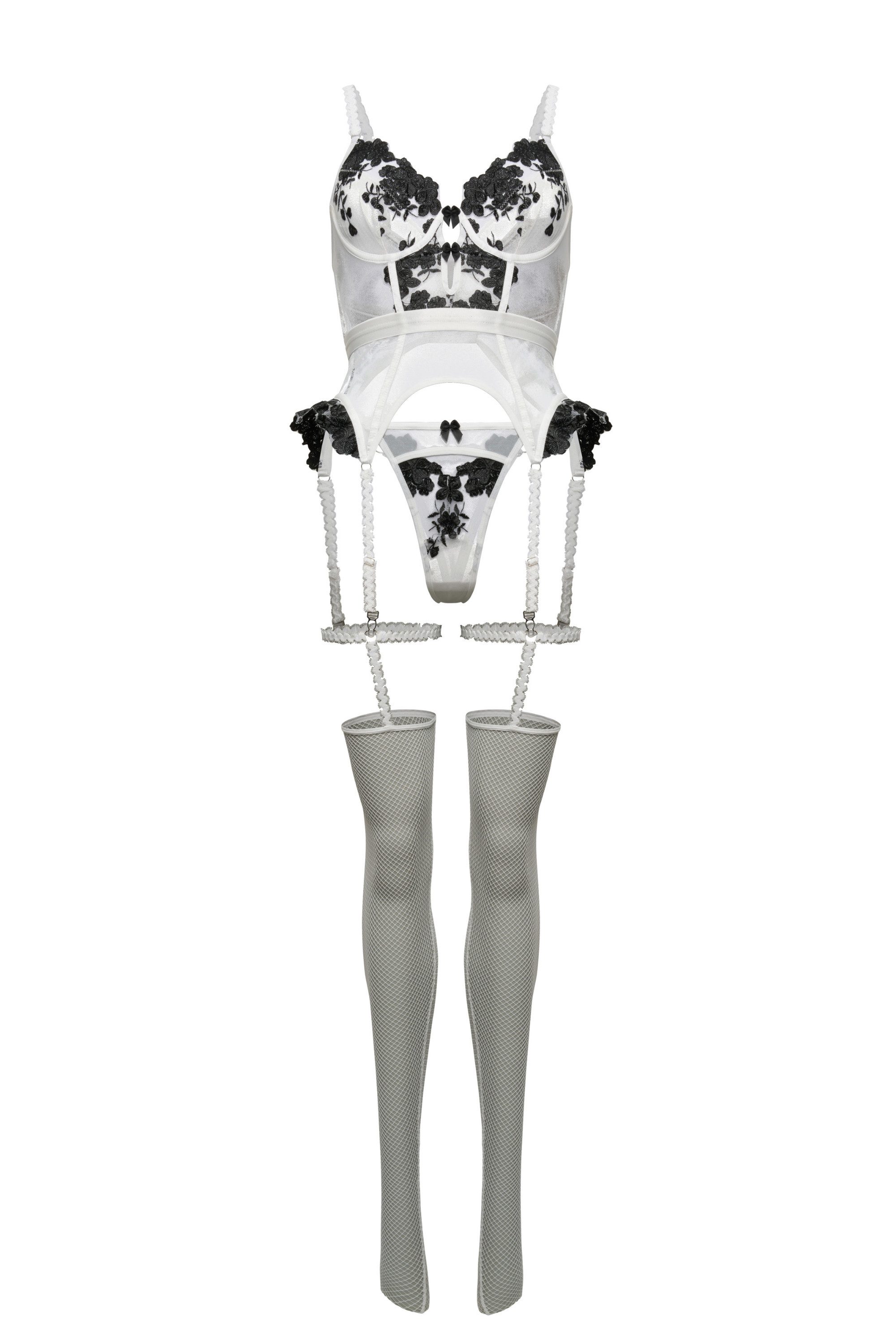 Elegant Love Set: Corsage Spitzen-Dessous-Set, Reizwäsche mit Strapsbändern, Bügelcups und Tanga (Set, 4-tlg., Korsett, String, Schleife mit Perlen-Halsband, Netzstrümpfe mit Straps) Bestickte Lingerie mit langen Fischernetzstrümpfen, elegantes Set