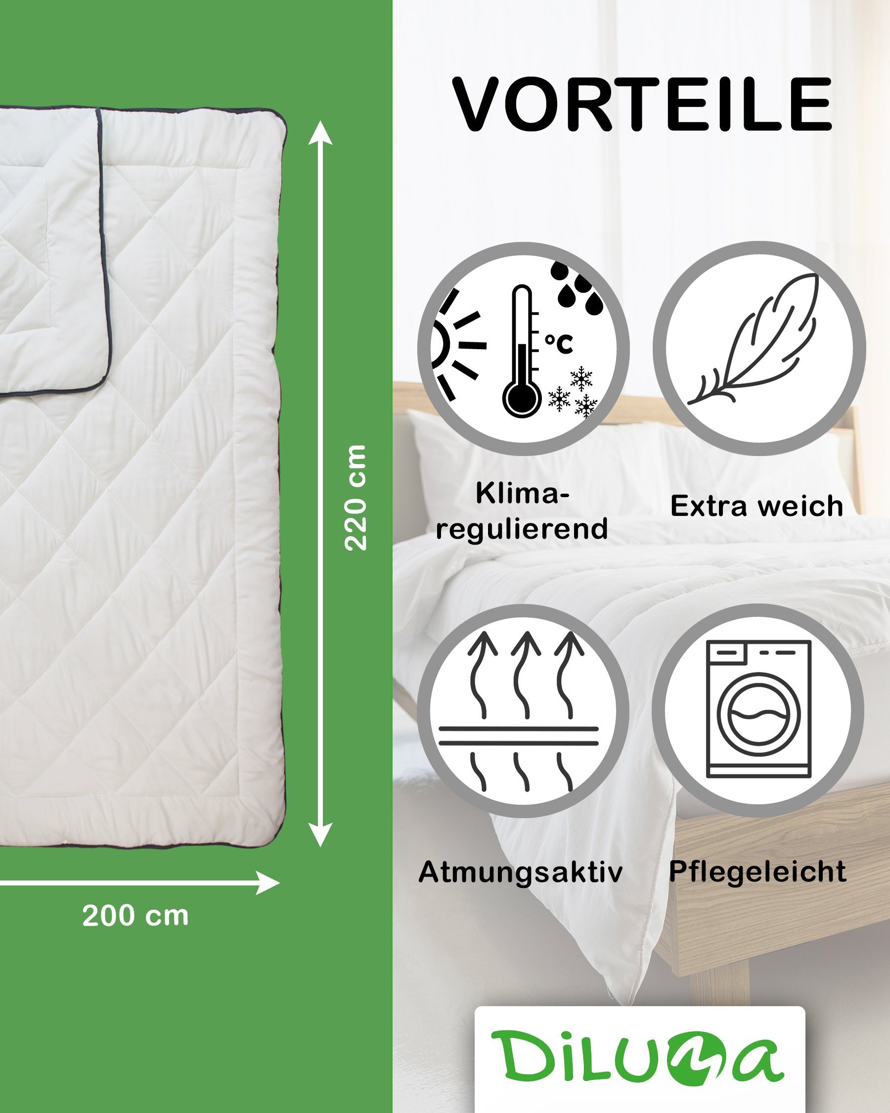 Füllung: Bettdecke Atmungsaktiv, Polyester 100% Bezug: 135x200 4-Jahreszeitenbett, Vierjahreszeitendecke, 4-Jahreszeitenbett, 4-Jahreszeiten Comfort cm 100% Allergikergeeignet Mikrofaser, Kunstfaser, Klimaregulierend, DILUMA,