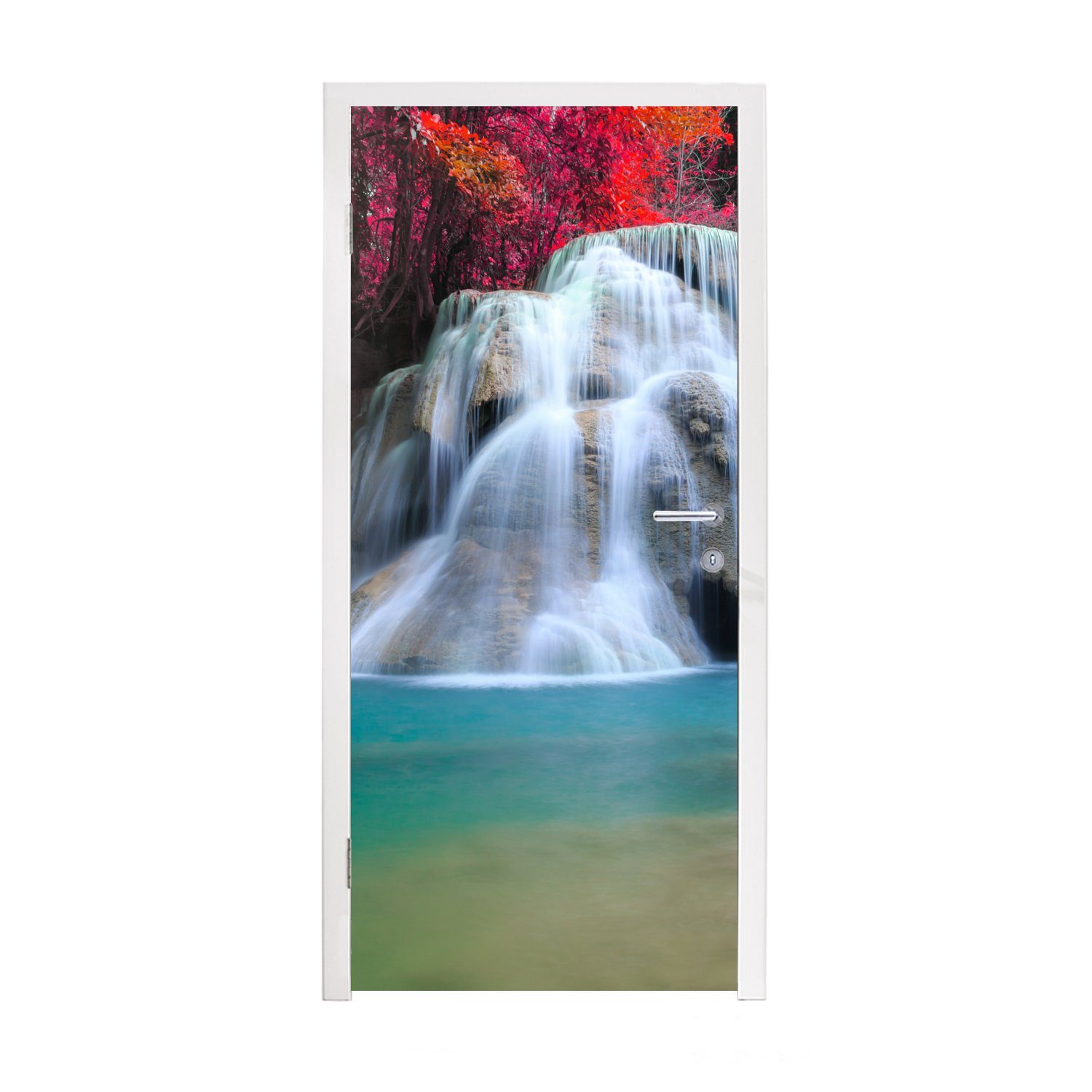 MuchoWow Türtapete Wasserfall - Bäume - Rot - Landschaft - Natur, Matt, bedruckt, (1 St), Fototapete für Tür, Türaufkleber, 75x205 cm