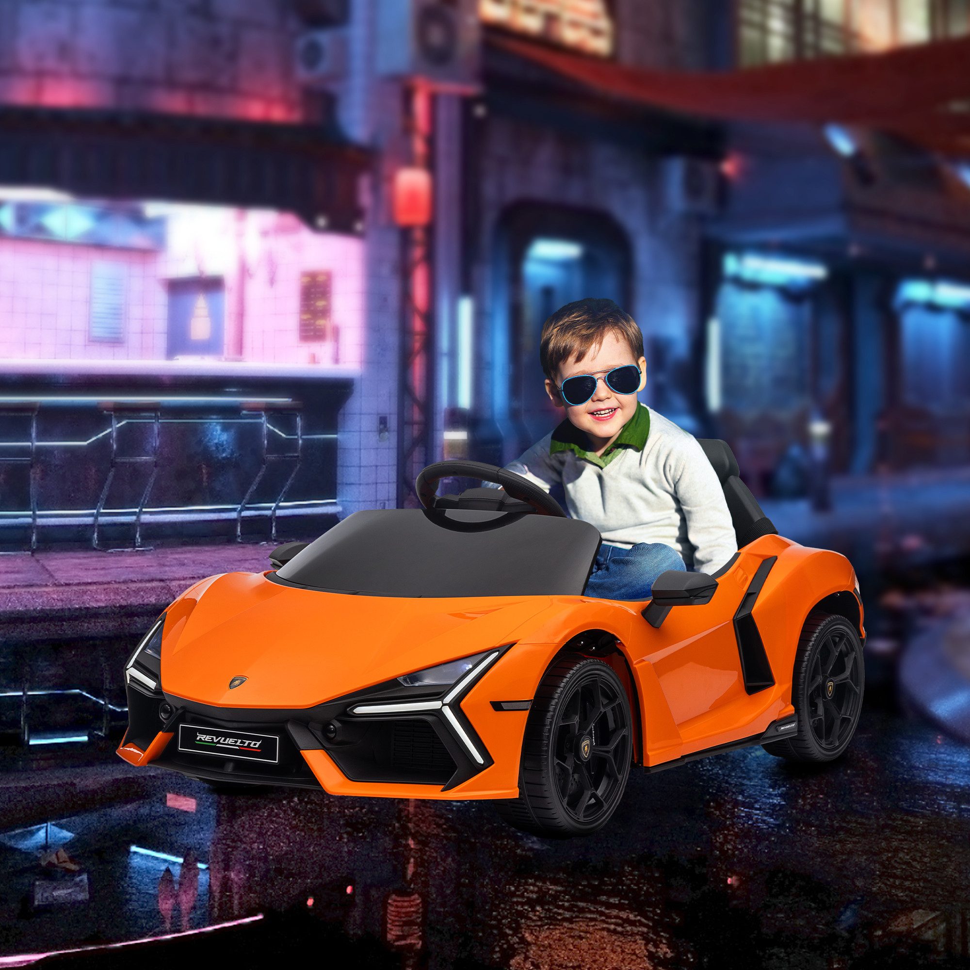 AIYAPLAY Elektro-Kinderauto 12V Lamborghini Elektrofahrzeug mit 2,4G Fernbedienung, Anschluss, Belastbarkeit 25 kg, (1-tlg), bis 5 km,h, für Kinder 3-5 Jahre, Orange