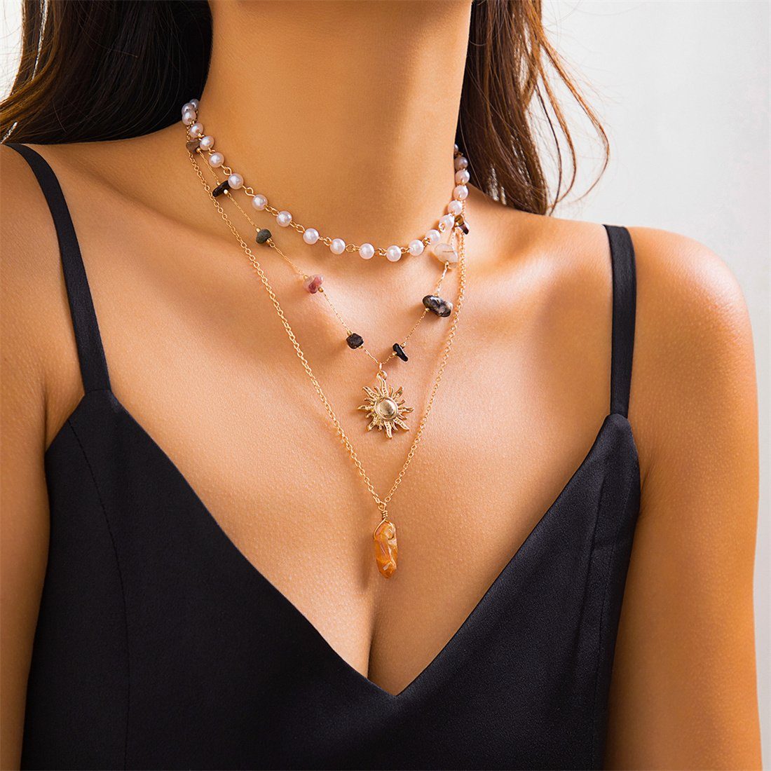 DÖRÖY Choker-Set Frauen faux Perle Halskette Set, böhmischen geschichteten Halskette