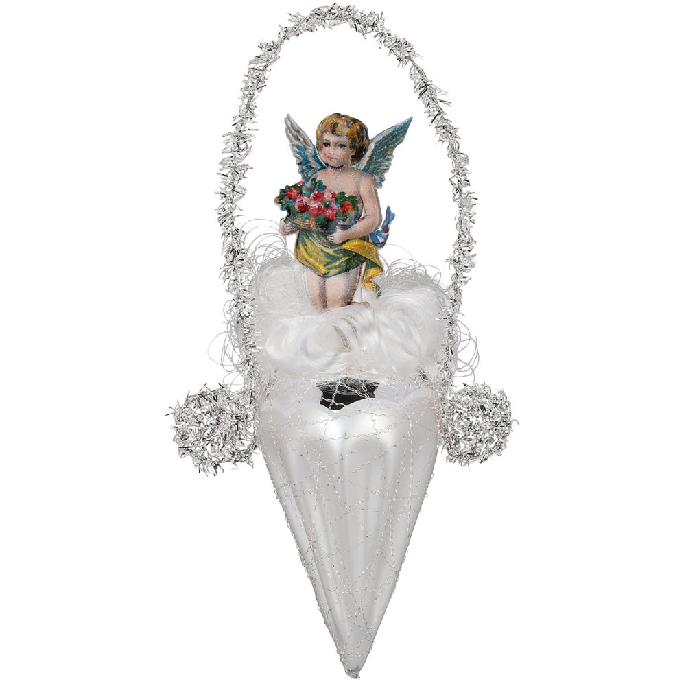 INGE-GLAS® Christbaumschmuck Eiszapfen mit Engelsoblate, silber matt 15cm (1-tlg), mundgeblasen