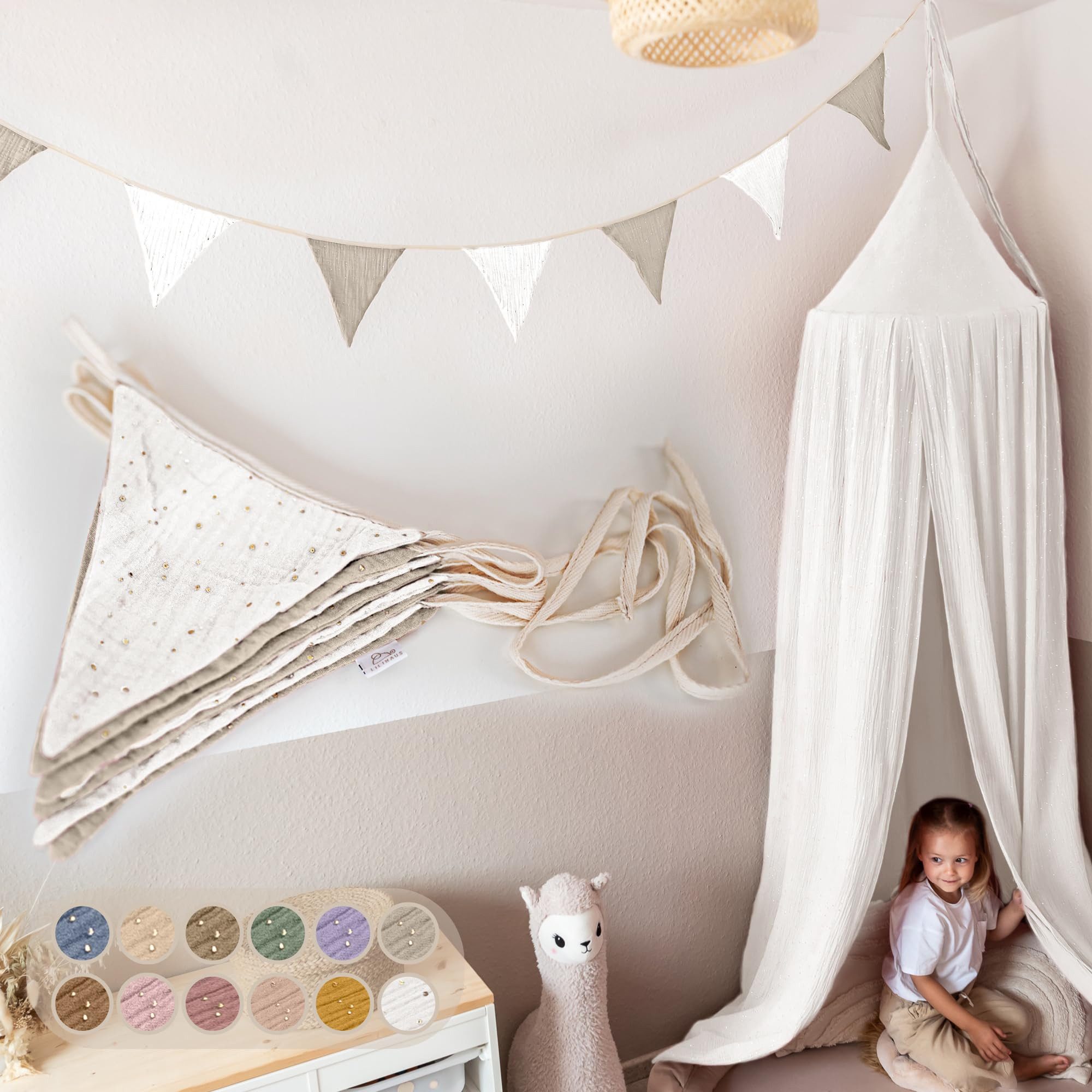 lilimaus Wimpelkette Handgemachte Wimpelkette aus Musselin Kinderzimmer Gold Applikation, Handgemachte Musselin-Wimpelkette für Kinderzimmerdeko