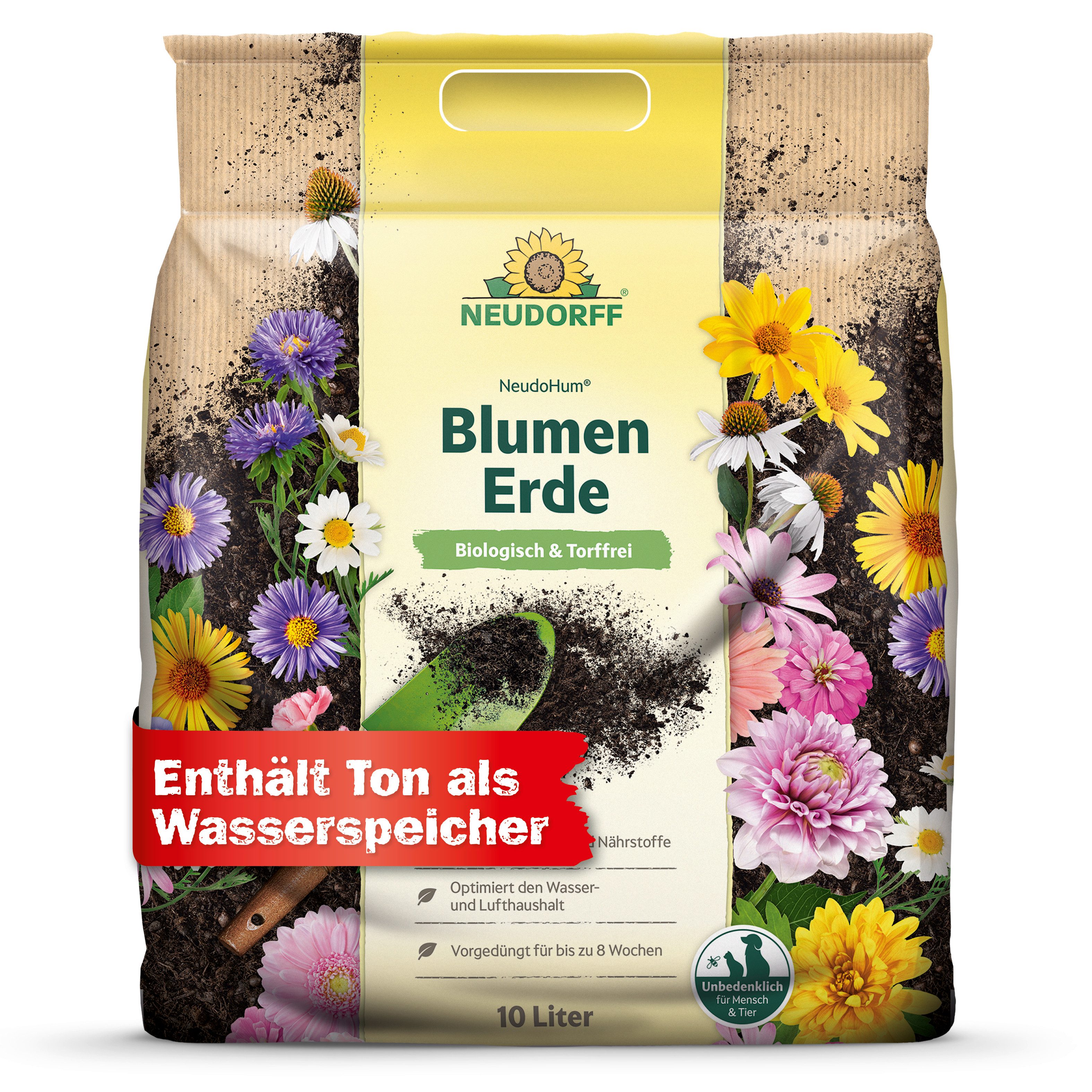 Neudorff Pflanzerde NeudoHum BlumenErde 10 Liter, mit Organische Grunddüngung, (Einzelartikel, Optimiert den Wasser- & Lufthaushalt), Speichert Wasser und Nährstoffe, vorgedüngt bis zu 4 Wochen