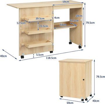 KOMFOTTEU Schreibtisch Nähschrank, klappbar auf Rollen, aus Holz